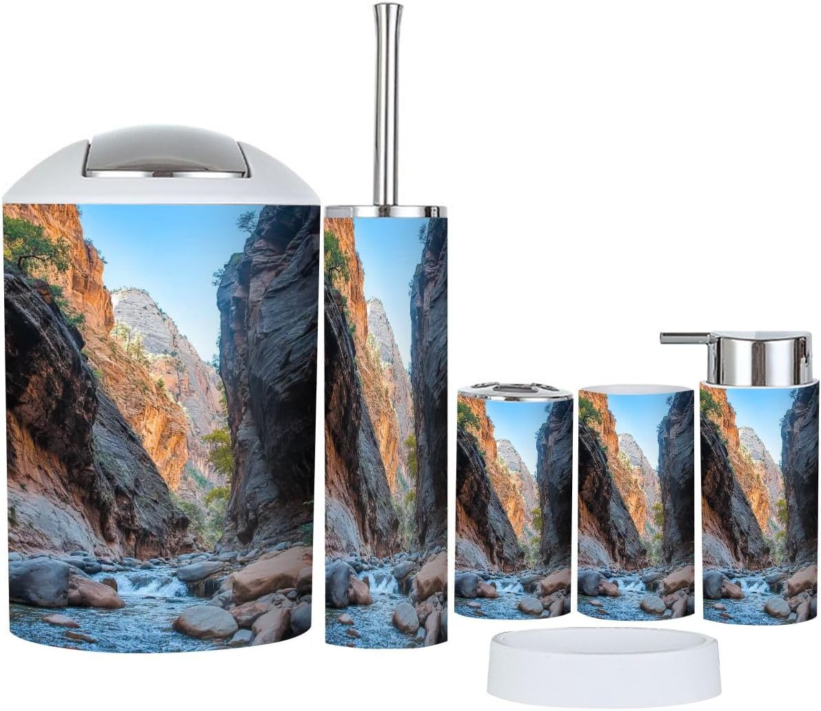 Bathroom Accessory Set 6 Piece The Narrows Hiking Path Water Zion National Park Toothbrush Holder, Toothbrush Cup, Soap Dispenser, Soap Dish, Toilet Brush Holder, Trash can