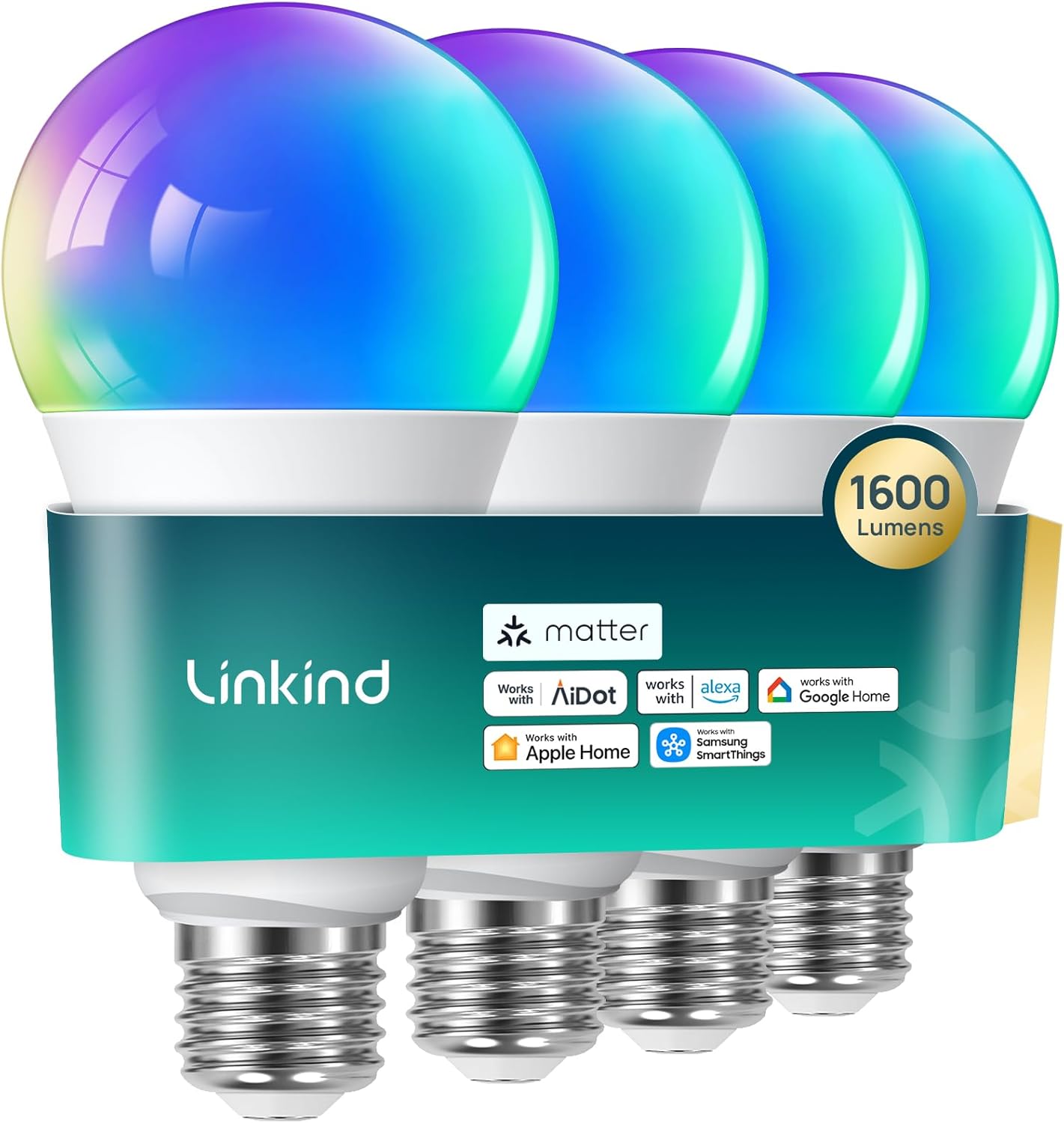 Linkind Matter Smart Light Bulb,1600LM 100W Smart Bulbs Work with Alexa/Apple Home/Google Home/SmartThings, RGBTW LED Color Changing Bulbs Music Sync, 2.4GHz Wi-Fi Light Bulbs LED 11W, A21 E26, 4Pack