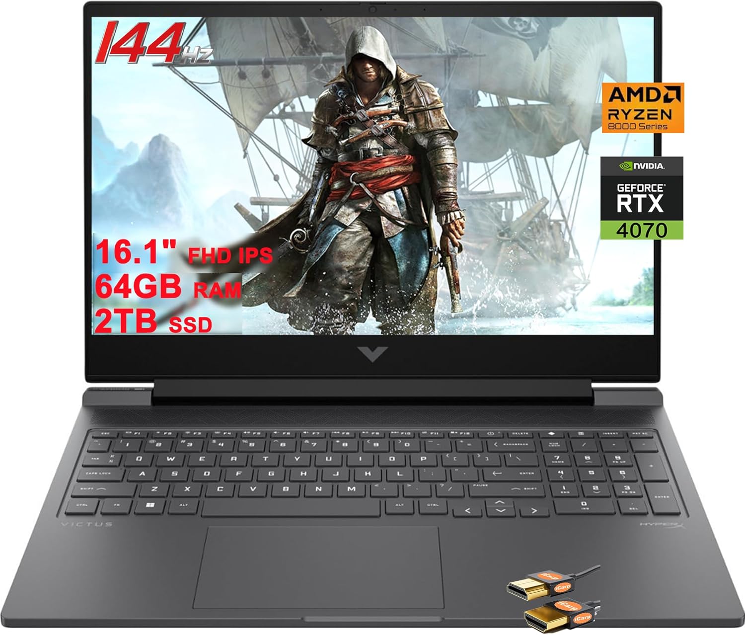 HP Victus 16 Gaming Laptop 16.1″ FHD IPS 144Hz AMD 8-Core Zen 4 Ryzen 7 8845HS (Beats i7-12700H) 64GB RAM 2TB SSD GeForce RTX 4070 Graphic Backlit USB-C FHD Privacy Camera Win11 Black + HDMI Cable