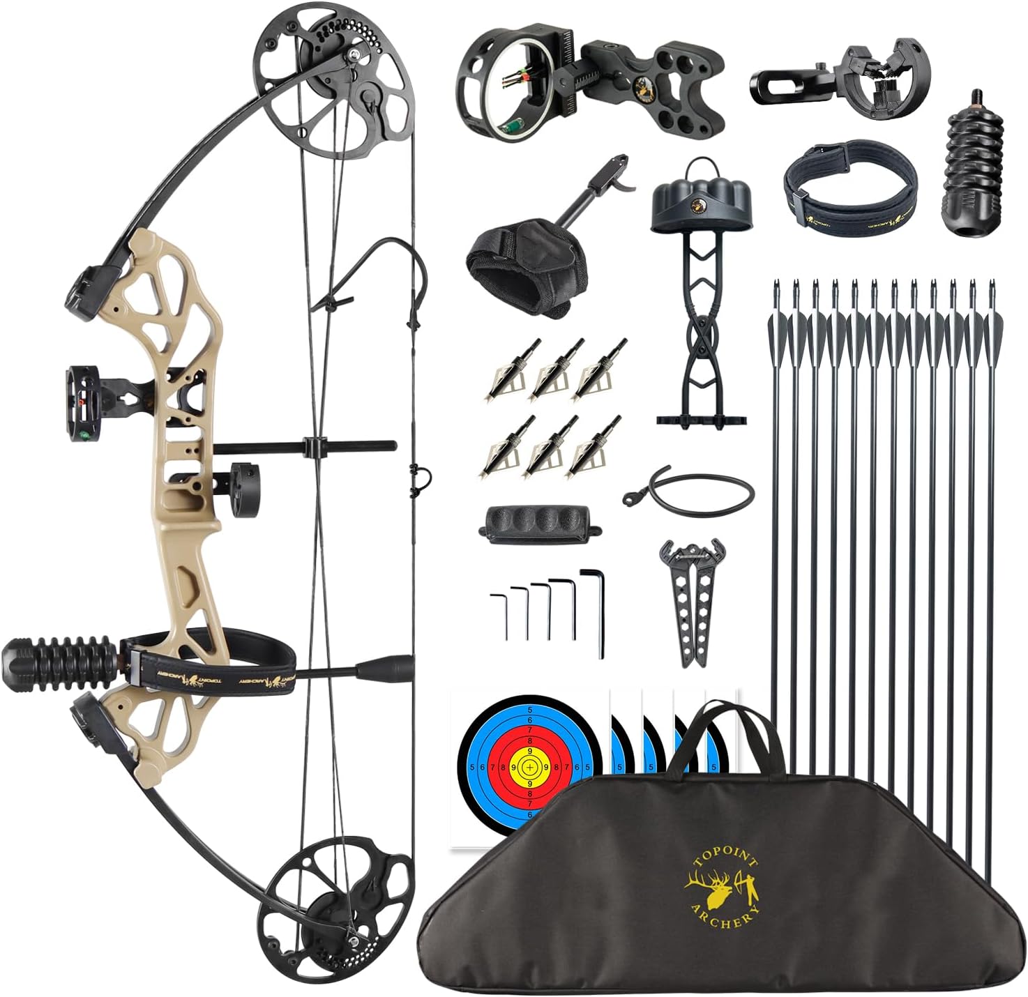 TOPOINT ARCHERY Starting Hunting Compound Bow Package for Beginner & Intermediate Archers Archery Equipment with All Accessories Kit DW:19-70LB, DL:19-30″, IBO:320fps