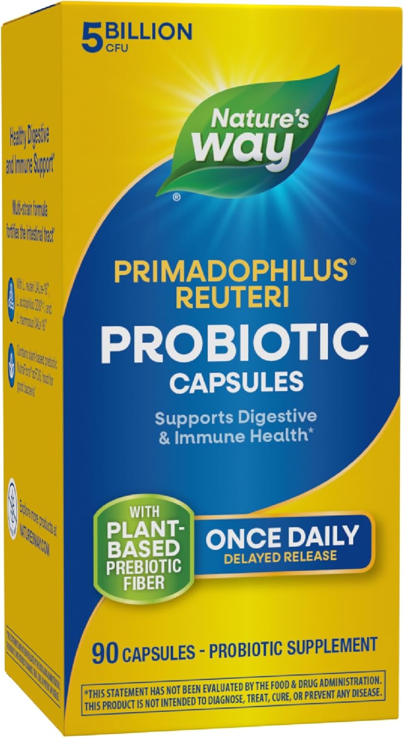 Nature’s Way Primadophilus Reuteri Probiotic, Supports Digestive & Immune Health*, 5 Billion Live Cultures, 90 Capsules (Packaging May Vary)