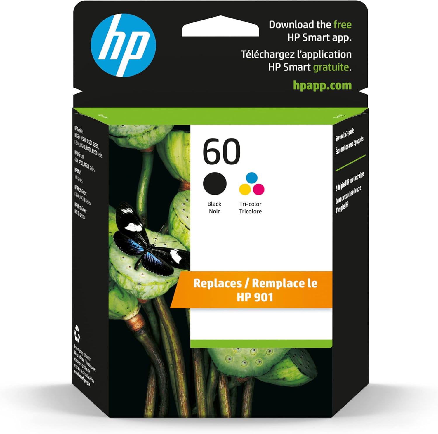 HP 60 Black/Tri-color Ink Cartridges Combo Pack, Works with DeskJet D1660, D2500, D2600, D5560, F2400, F4200, F4400, F4580; ENVY 100, 110, 120; PhotoSmart C4600, C4700, D110a Series | N9H63FN