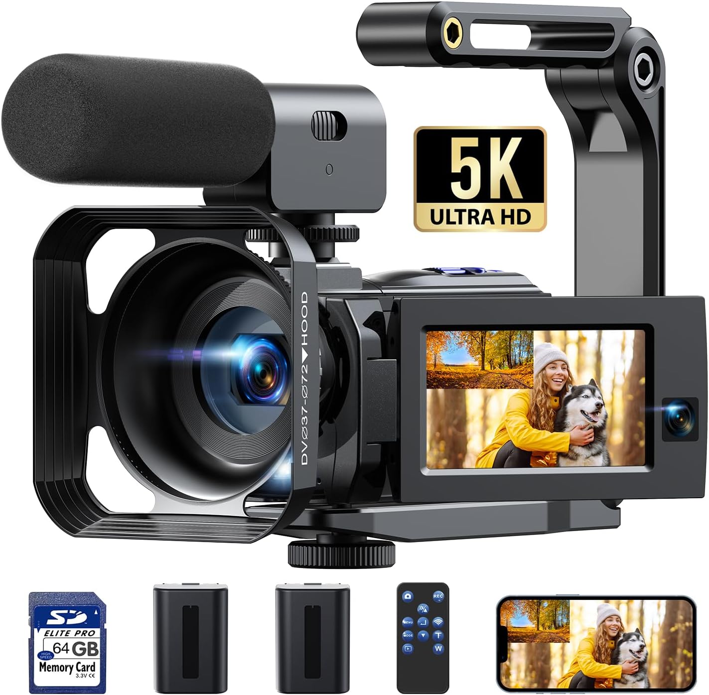 5K Dual Lens Video Camera Camcorder, 56MP 16X Digital Zoom WiFi 3” 270° Rotatable Touch Screen YouTube Vlogging Camera Recorder with 64GB SD Card,Tripod,Remote Control,Microphone (Black)