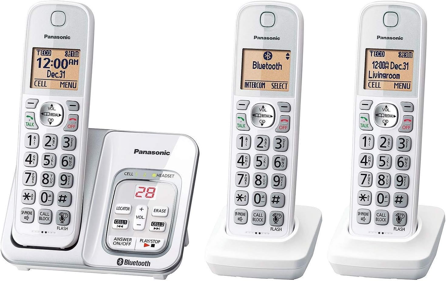 Panasonic KX-TG833SK1 Link2Cell Bluetooth Cordless Phone W/Voice Assist 3 Handsets (Renewed)