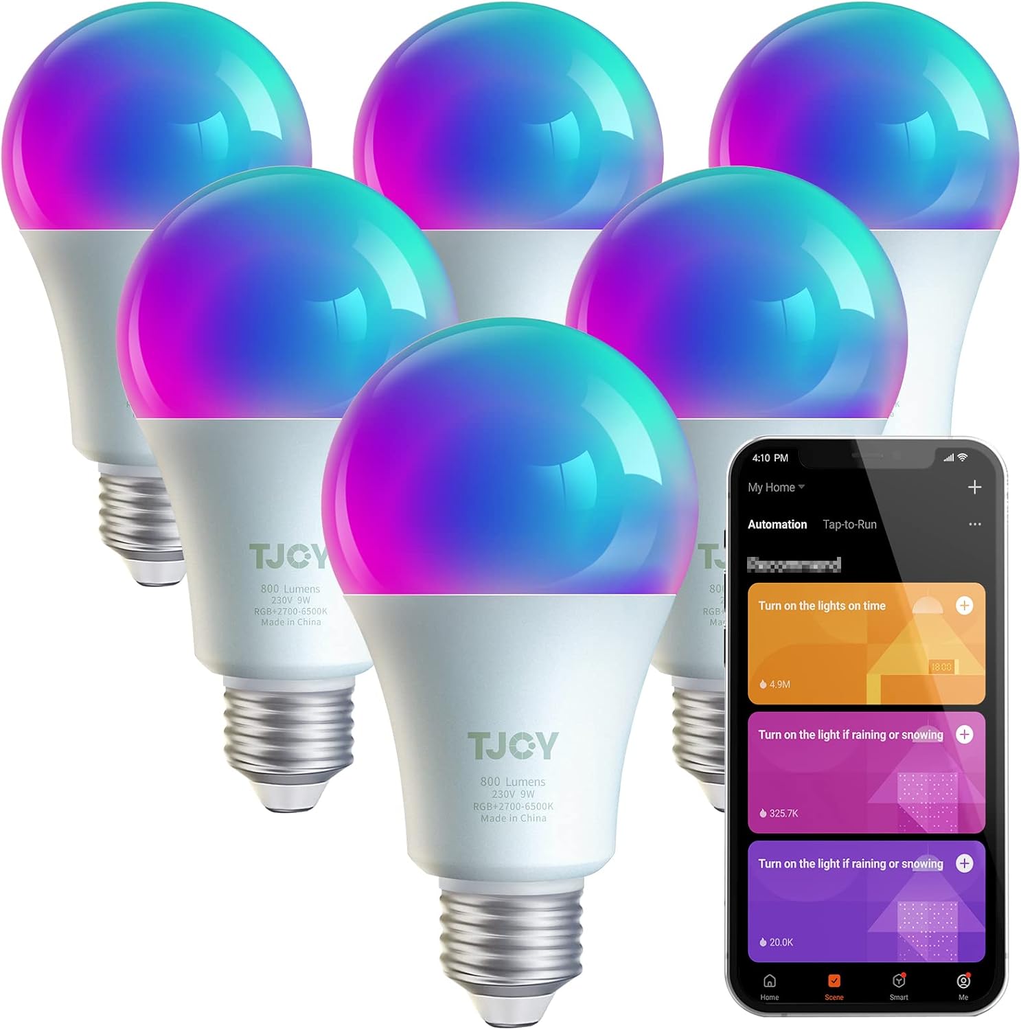 TJOY 6 Pack Smart Led Light Bulbs, WiFi Bulb Works with Alexa&Google Home, RGB Color Changing Light Bulbs, Music Sync, A19 E26 9W (60W Equivalent),2700-6500K, 800 LM, APP Control (2.4Ghz Only)