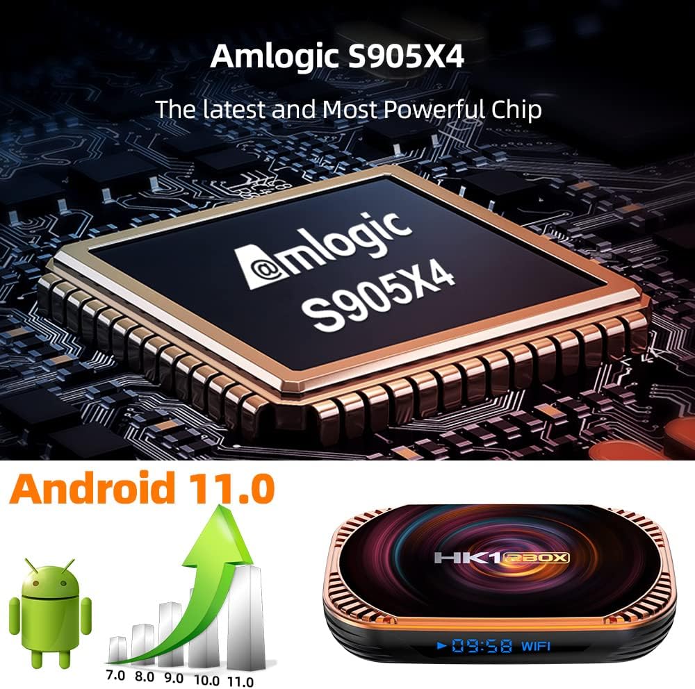 Android 11.0 TV Box 4GB RAM 64GB ROM TV Box HK1 Box X4 Amlogic S905X4 64-bit Quad Core with Dual Wi-Fi 2.4G/5.0G, BT 4.0/ 3D Ultra HD 8K/ H.265/ 1000M LAN/USB 3.0 Smart TV Box