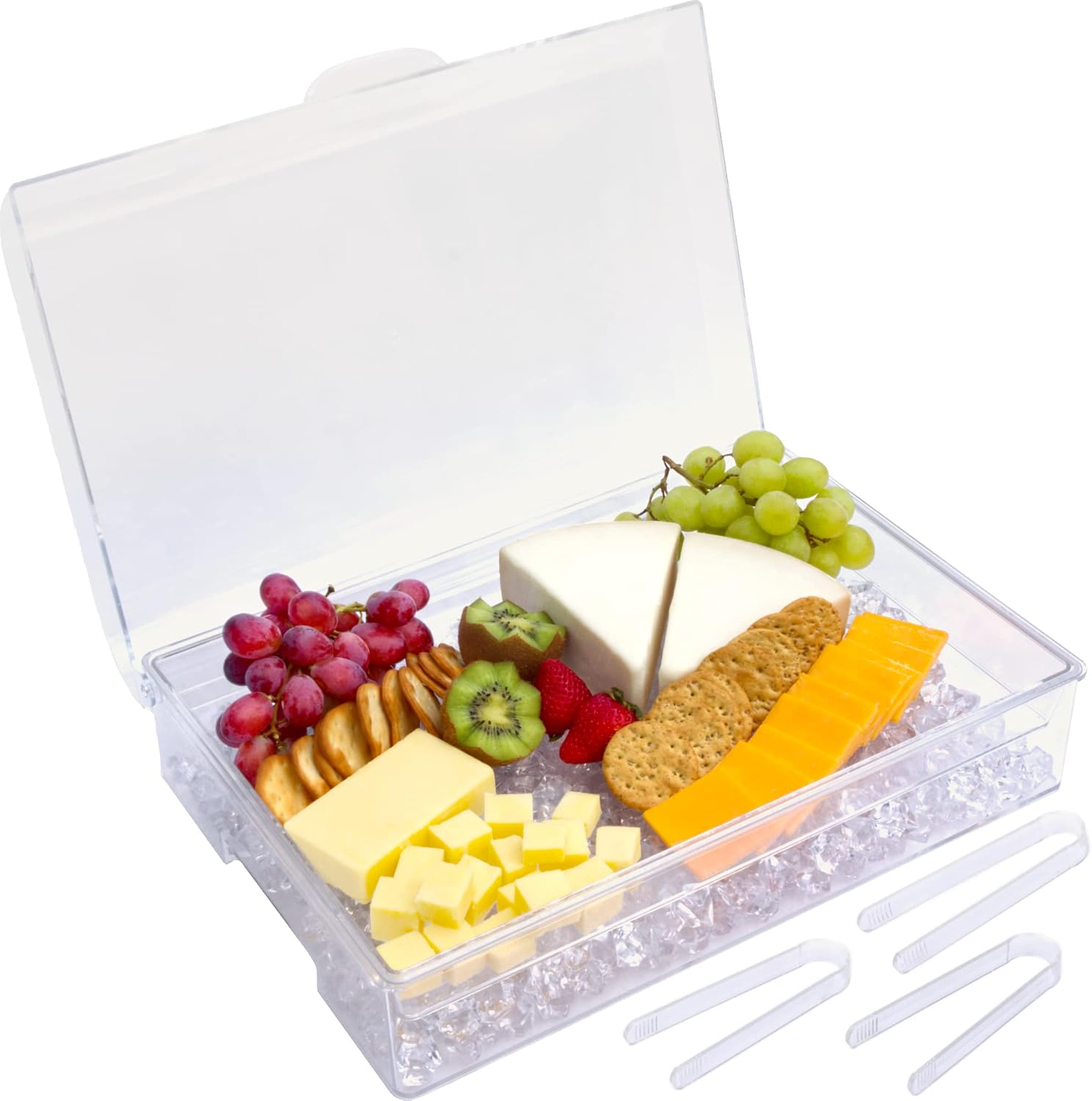 ImpiriLux Ice Chilled Party Platter – Large Removable Serving Tray and Hinged Lid | Ideal for Appetizers, Seafood, Cheeses, Meats, Desserts and More | 3 Tongs Included | Charcuterie Board