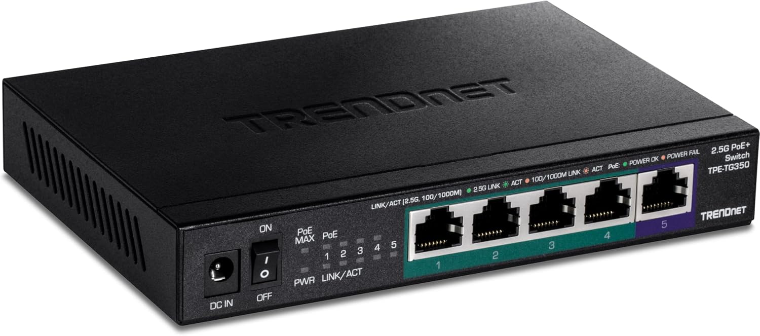 TRENDnet 5-Port Unmanaged 2.5G PoE+ Switch, Fanless, Compact Desktop Design, Metal Housing, 2.5GBASE-T Ports, IEEE 802.3bz, 55W PoE Budget, Black, TPE-TG350