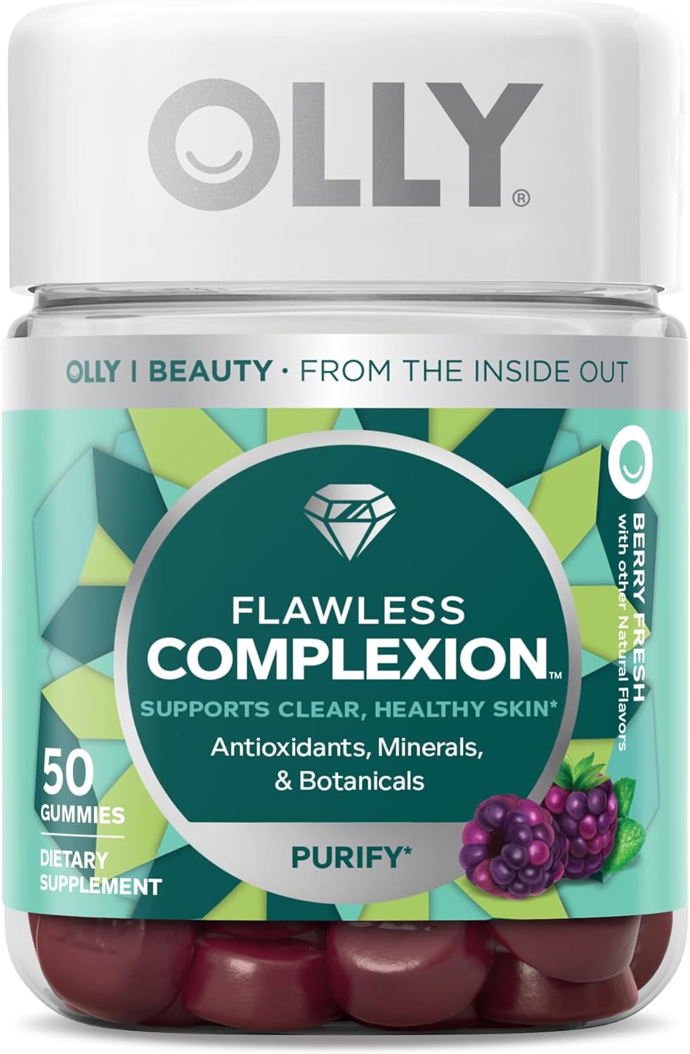 OLLY Flawless Complexion Gummy, Clear and Healthy Skin Support, Vitamins E, A, Zinc, Chewable Supplement, Berry – 50 Count (Pack of 1)