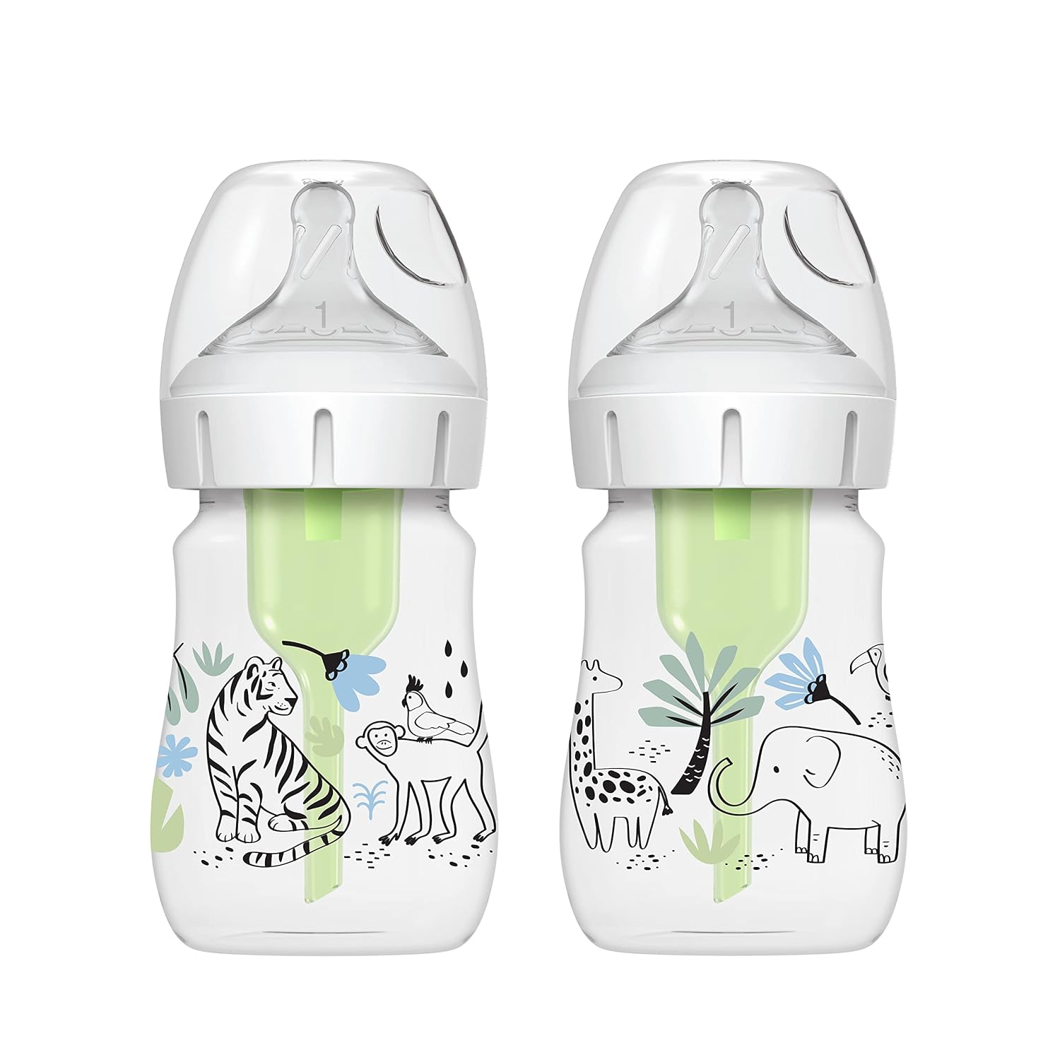 Dr. Brown’s Natural Flow® Anti-Colic Options+ Wide-Neck Baby Bottle Designer Edition Bottles, Jungle Decos, 5 oz/150 mL, Level 1 Nipple, 2-Pack, 0m+