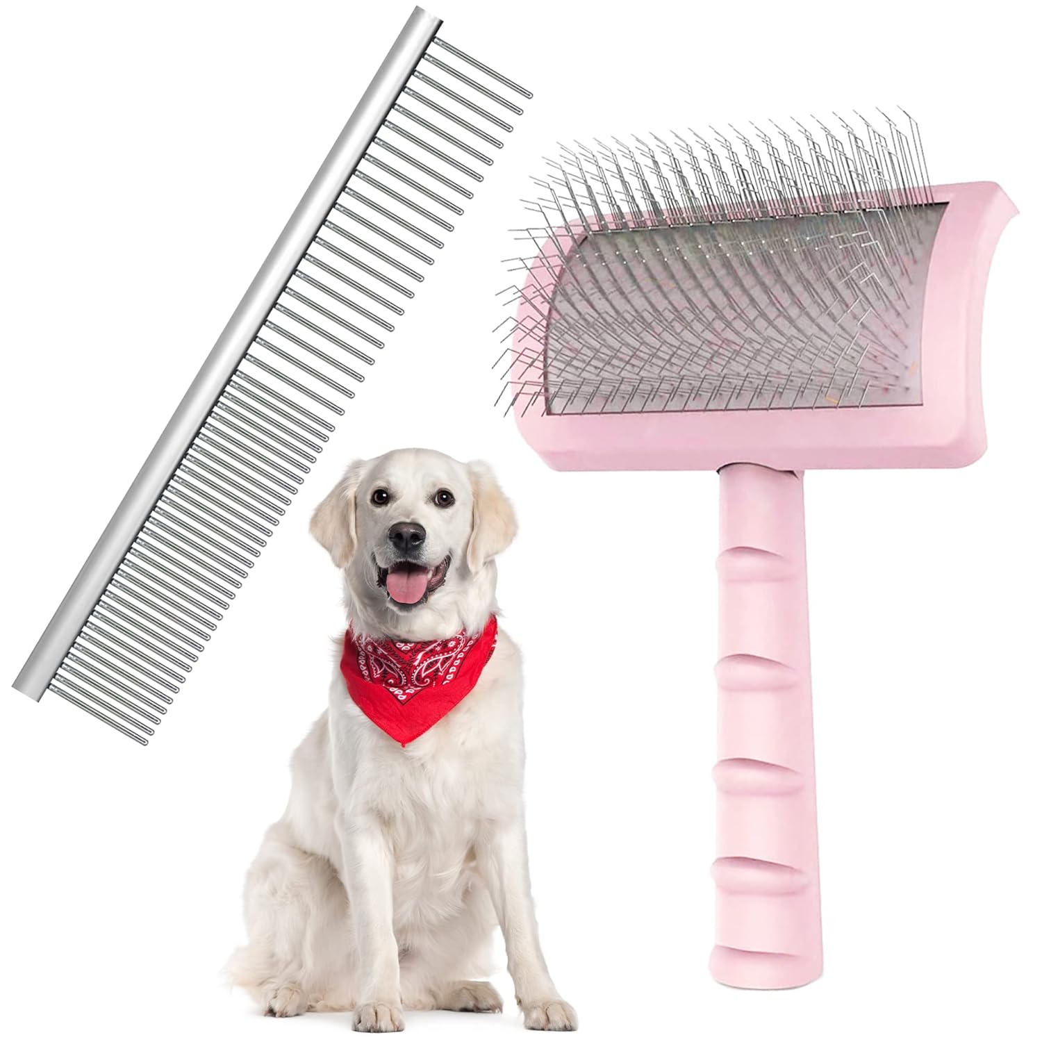 Firm Pet Grooming Kit: 25mm Extra Long Pin Brush for Goldendoodles, Wire Deshedding Brush, Removes Loose Hair & Undercoat (Pink)