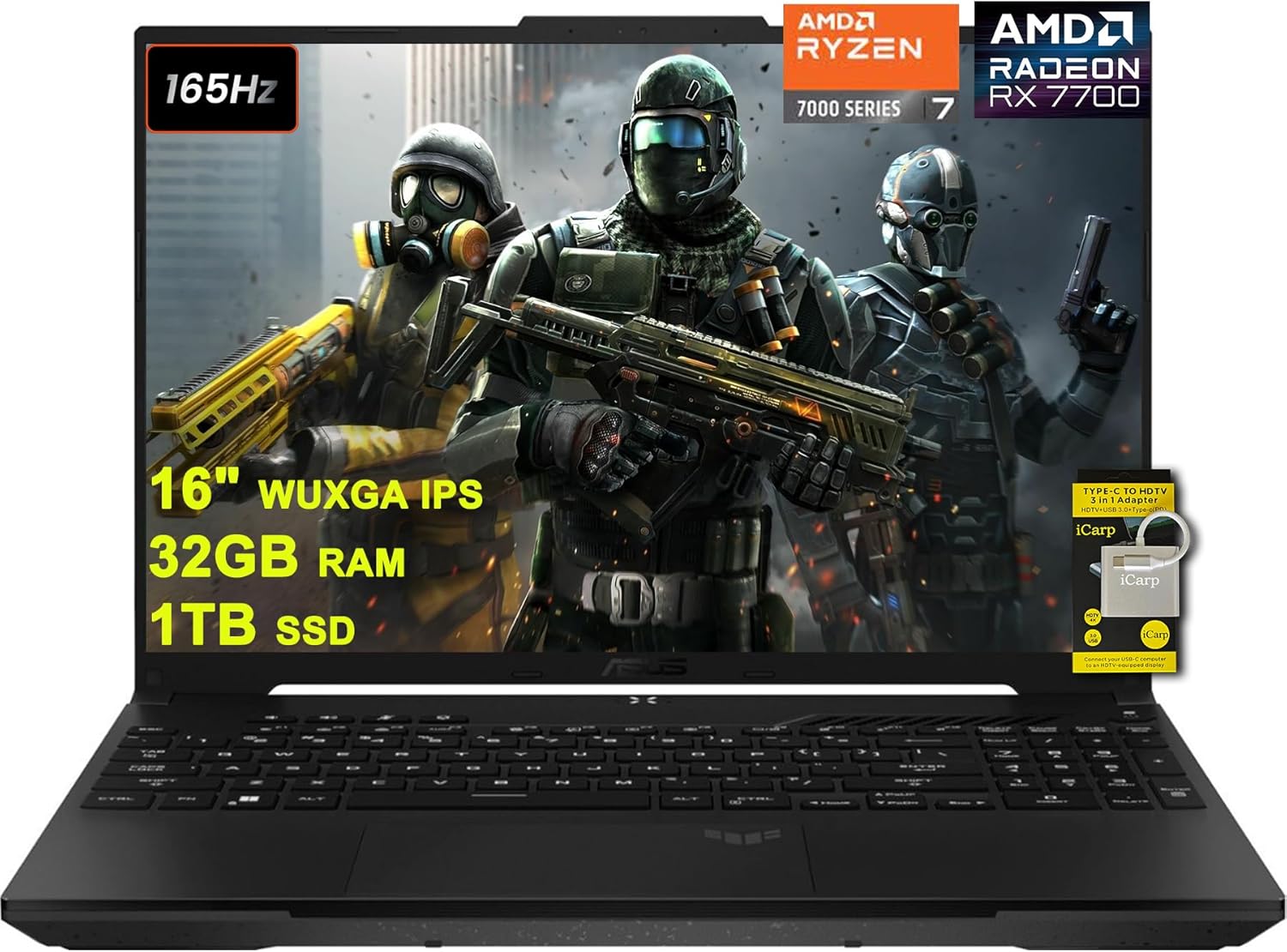 ASUS TUF Gaming A16 Laptop 16″ WUXGA 165Hz 100% sRGB AMD 8-core Ryzen 7 7735HS 32GB RAM 1TB SSD Radeon RX 7700S 8GB (>RTX4060) Backlit USB4 Fast Charge AI Noise Cancelation Win11 w/ICP Accessory