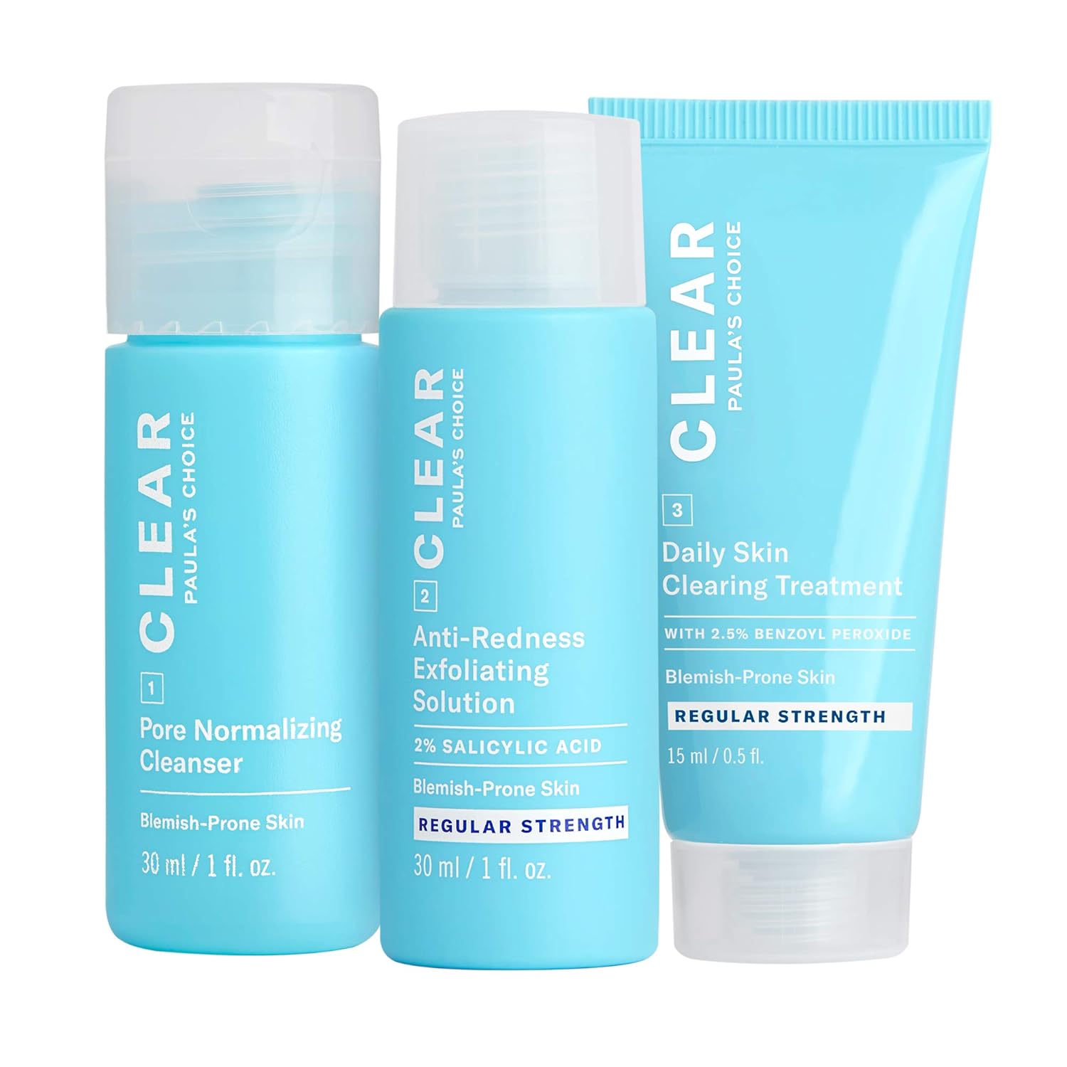 Paula’s Choice CLEAR 3-Piece Acne Kit, Includes Daily Cleanser, 2% Salicylic Acid Exfoliant & Benzoyl Peroxide Treatment, Prevents & Treats Mild to Severe Acne & Breakouts, Fragrance-Free, Set of 3