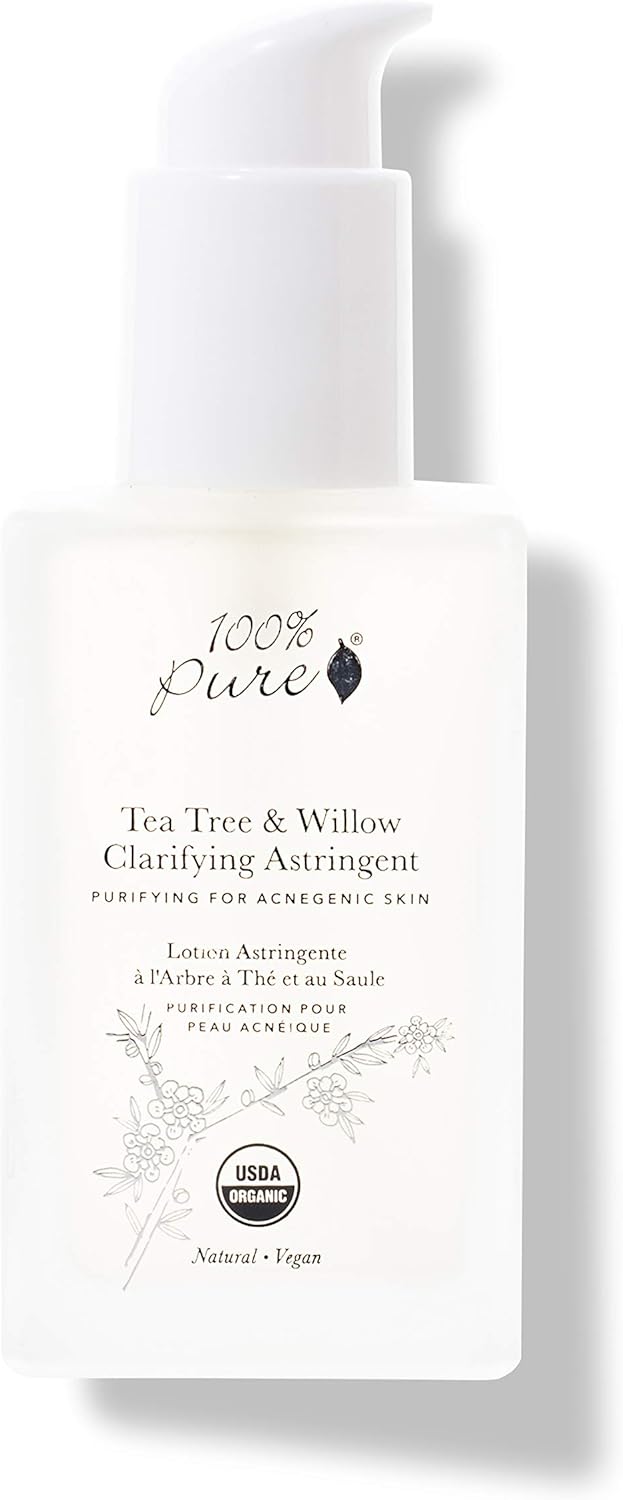 100% PURE Tea Tree & Willow Clarifying Astringent, Natural Acne Treatment, Alcohol Free, Hydrating Toner – 4 Fl Oz