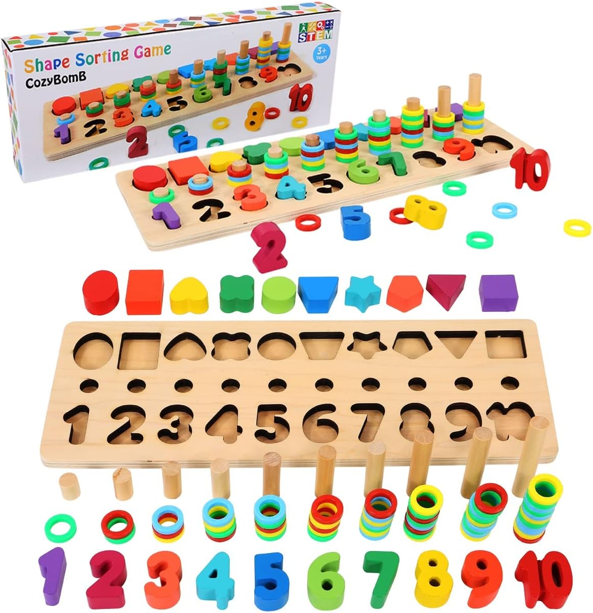 CozyBomB Montessori Educational Wooden Toys for Kids Toddler Number Puzzles Sorter Counting Shape Stacker Stacking Game Preschool Math Blocks Toys Gifts for Boy Girl Birthdays Christmas Holidays