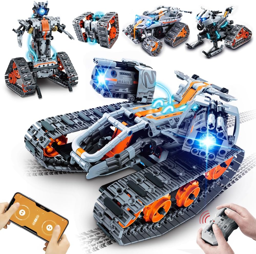 HOGOKIDS 5 in 1 STEM Building Set with LED Light – APP & Remote Controlled Cars Building Toys Kit, RC Robot Tank Sleigh Tracked Racer 604 PCS, Toy Gifts for Kids Boys Girls Ages 6 7 8 9 10 11 12+ Year