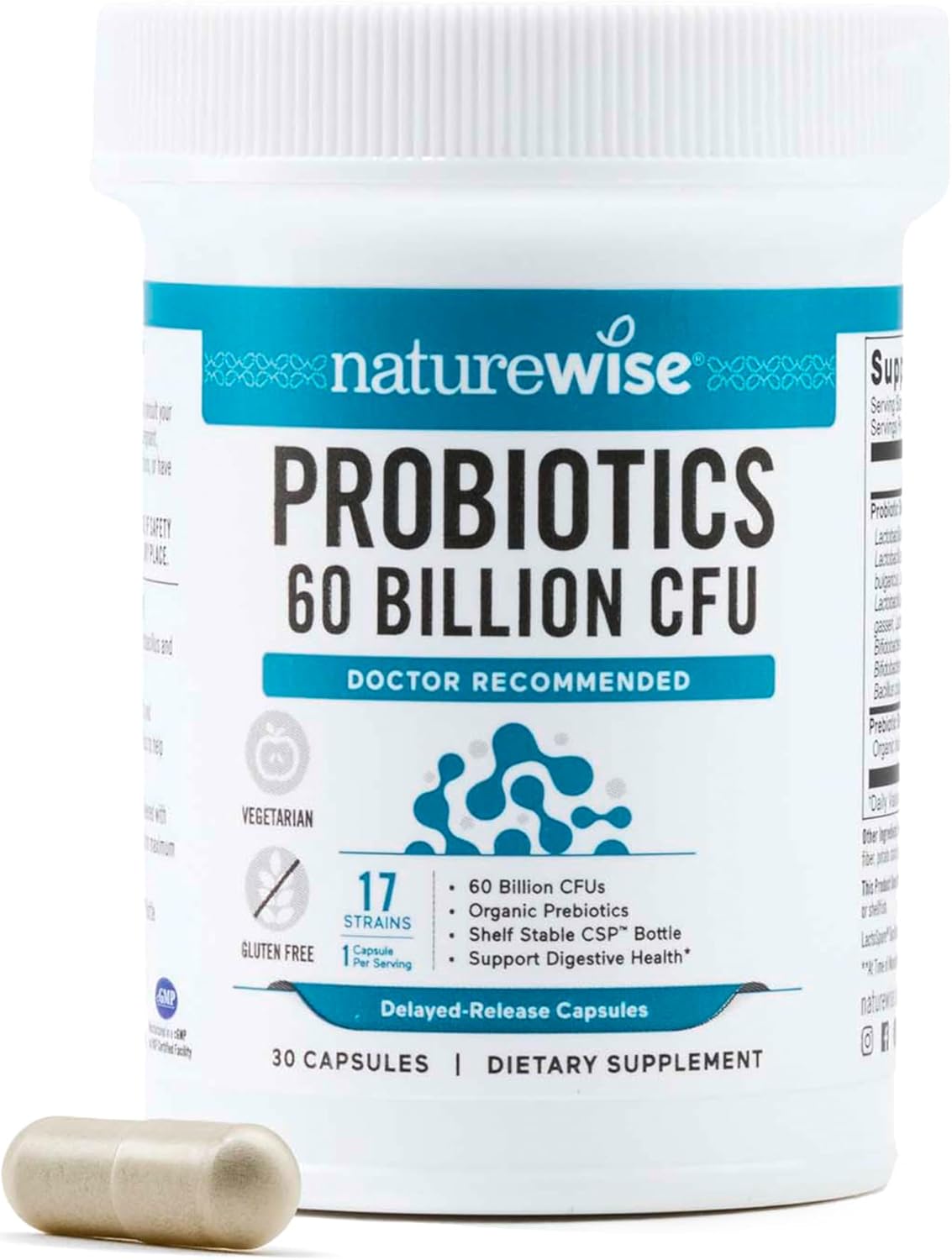 NatureWise Probiotics 60 Billion CFU – 17 Strains + Organic Prebiotics – Immune, Digestive & Gut Health Probiotic for Women & Men – Vegetarian, Gluten-Free, Non-GMO – 30 Capsules[1-Month Supply]