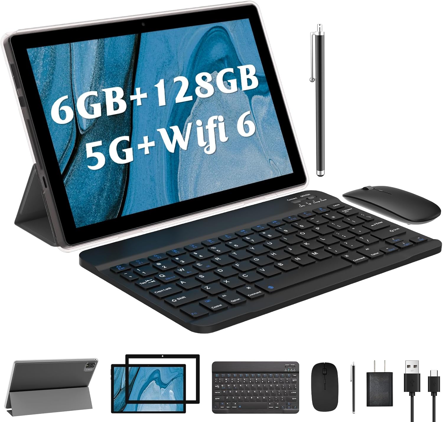 10 Inch Android Tablet, 2 in 1 Tablet with Keyboard 6GB + 128GB 10.1” Tablets, 5G WiFi 6, BT 5.0, 1.8Ghz CPU Tableta PC, 8MP Camera, 6000mAh, Comptuer Tablet include Case Mouse Stylus Film, Black