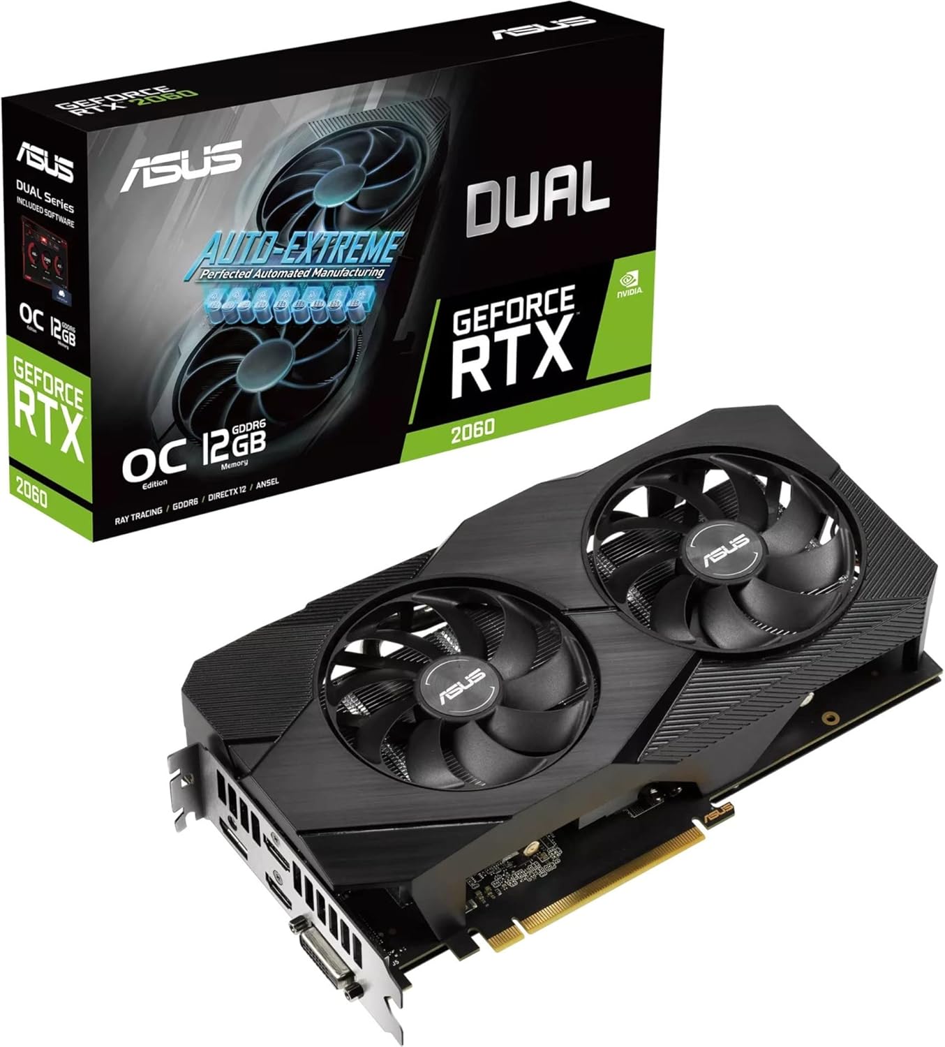 ASUS Dual GeForce RTX 2060 EVO OC Edition Graphics Card (PCIe 3.0, 12GB GDDR6 Memory, HDMI, DisplayPort, DVI-D, Axial-tech Fan, 0dB Technology, Auto-Extreme)