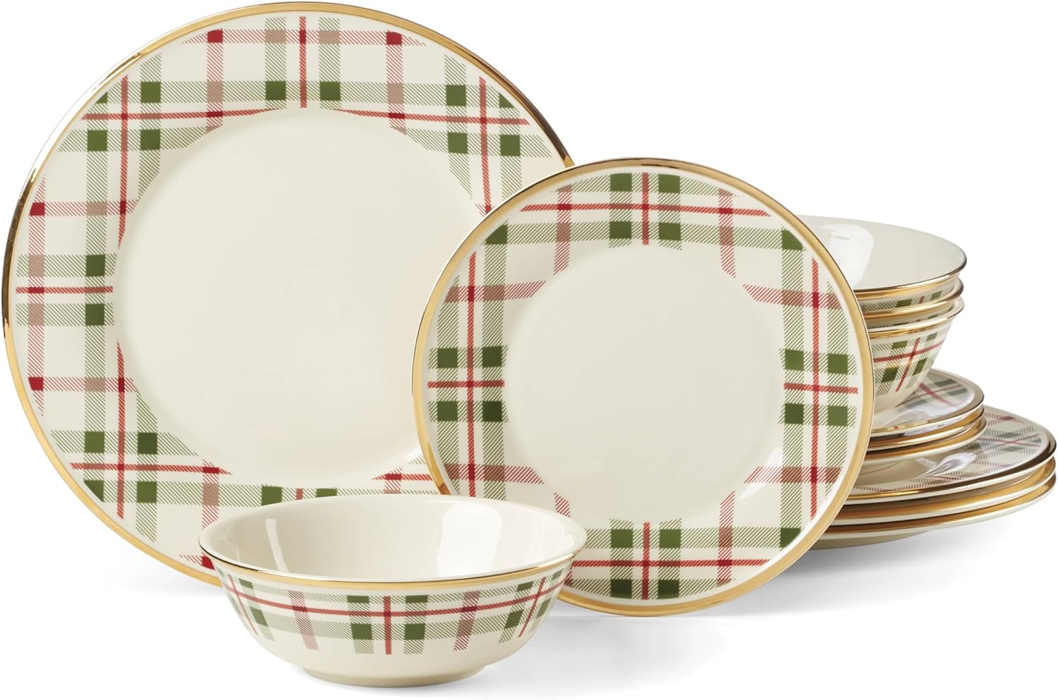 Lenox Holiday Plaid 12-Piece Dinnerware Set, 11.07, Red & Green