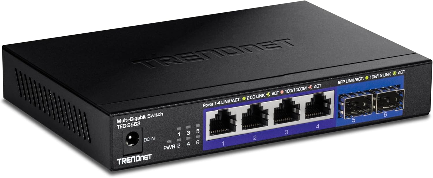 TRENDnet 6-Port Unmanaged Multi-Gig Switch, 4 x 2.5GBASE-T Ports, 2 x 10G SFP+ Ports Fanless, Compact Desktop Design, Metal Housing, Network Ethernet Switch, Lifetime Protection, Black, TEG-S562