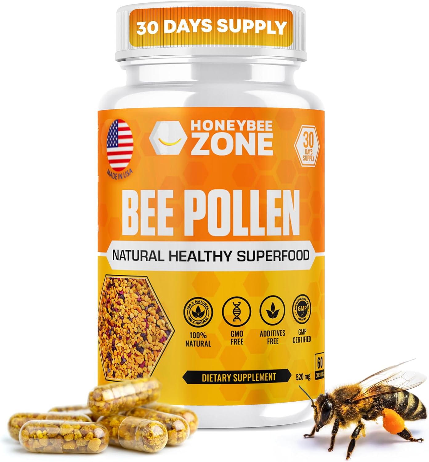 Bee pollen Supplement 100% Natural Raw Bee pollen in Veggie Caps Fermented Pollen Multivitamin, Probiotic Superfood, Vital Proteins, Amino Acids, Immune Support &Energy 60 Pollen Capsules