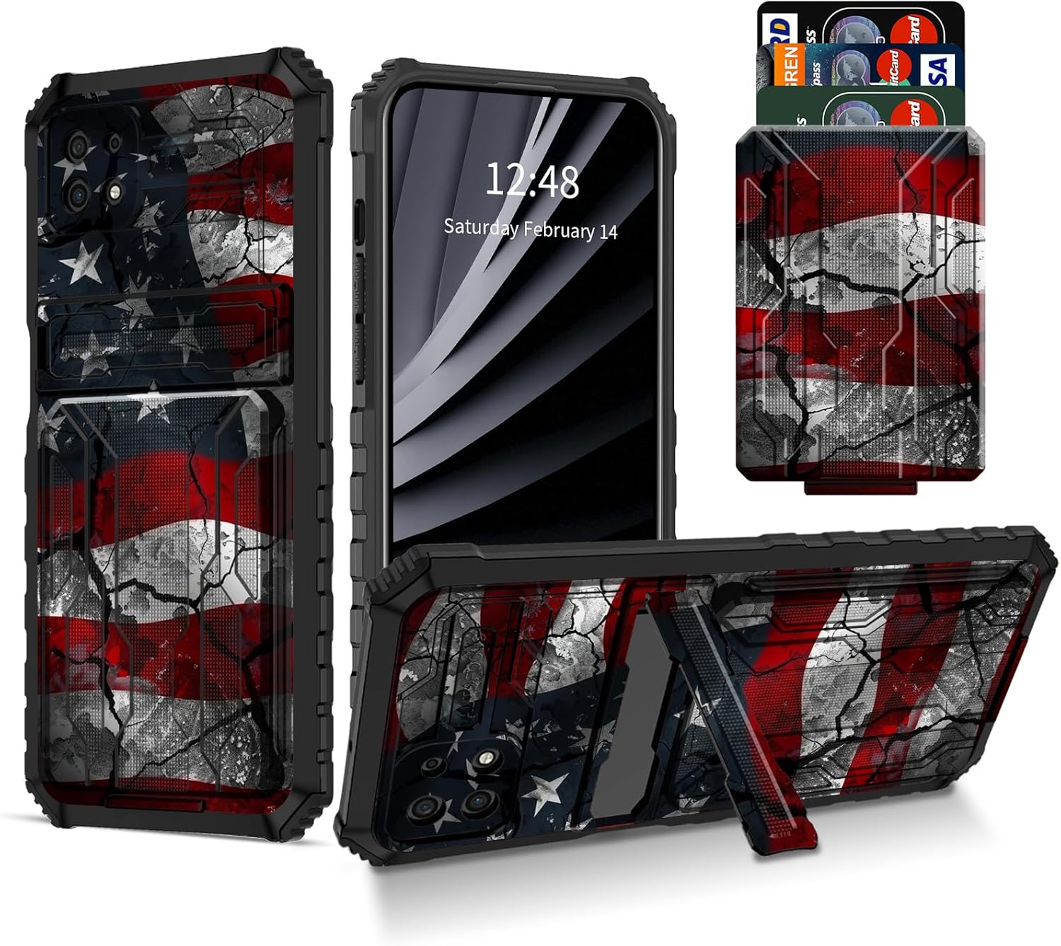 Retro Flag Wall Wallet Case for Samsung Galaxy A22 5G, Credit Card Holder ID Slot Hidden Pocket Built-in Stand Kickstand Rugged Full Covered Phone Case for Boost Mobile Celero 5G