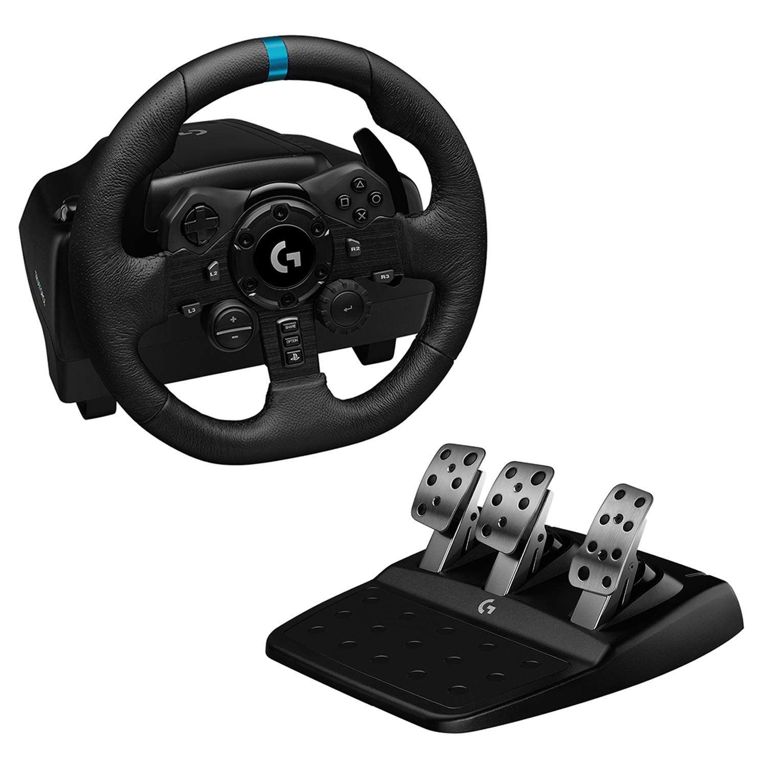 Logitech G923 Racing Wheel and Pedals for PS 5, PS4 and PC featuring TRUEFORCE up to 1000 Hz Force Feedback, Responsive Pedal, Dual Clutch Launch Control, and Genuine Leather Wheel Cover (Renewed)