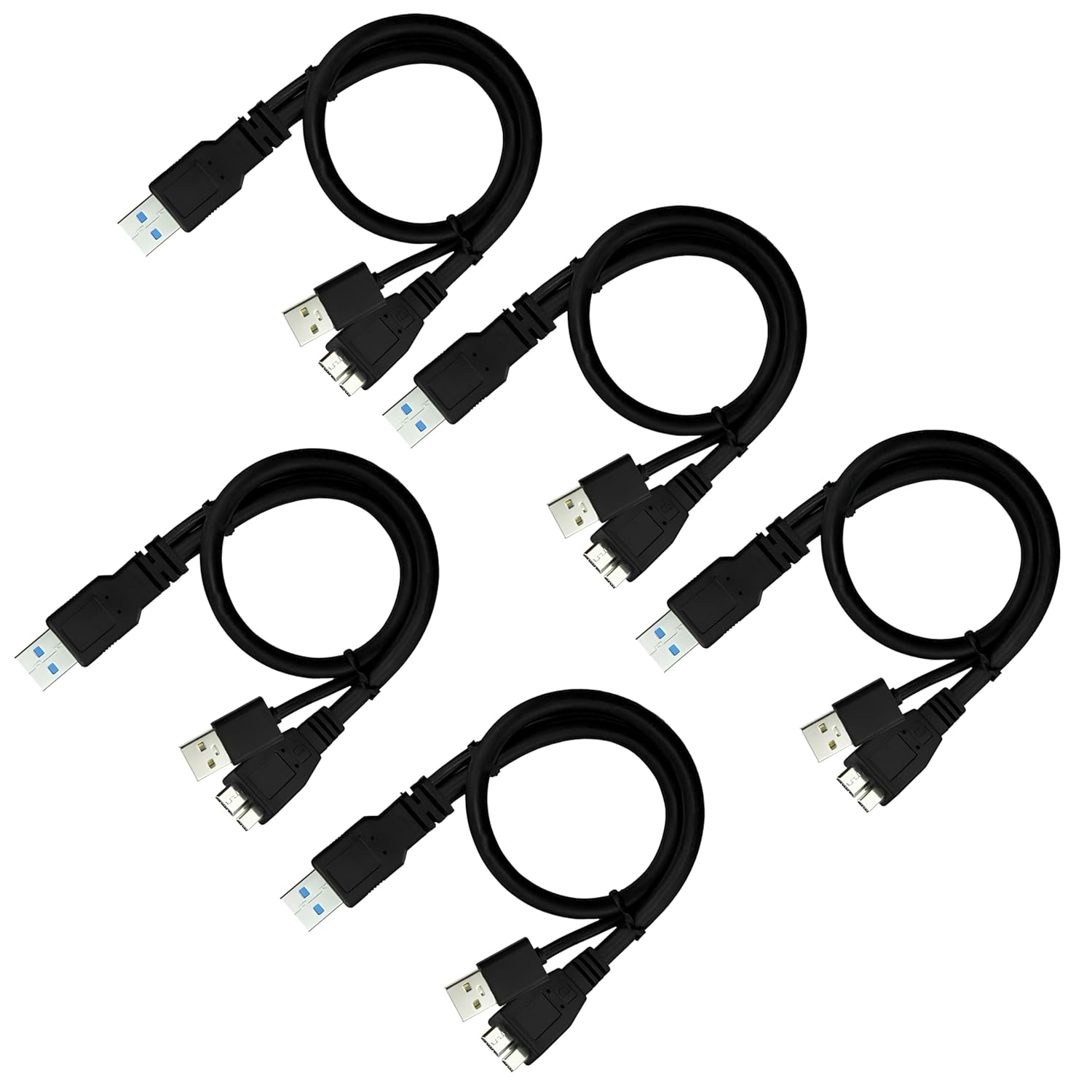 SaiTech IT 5 Pack Bulk USB 3.0 Dual Power Y Shape Type A to Micro B high Speed Up to 5 Gbps Data Transfer Cable for External Hard Drives (35cm – Black)