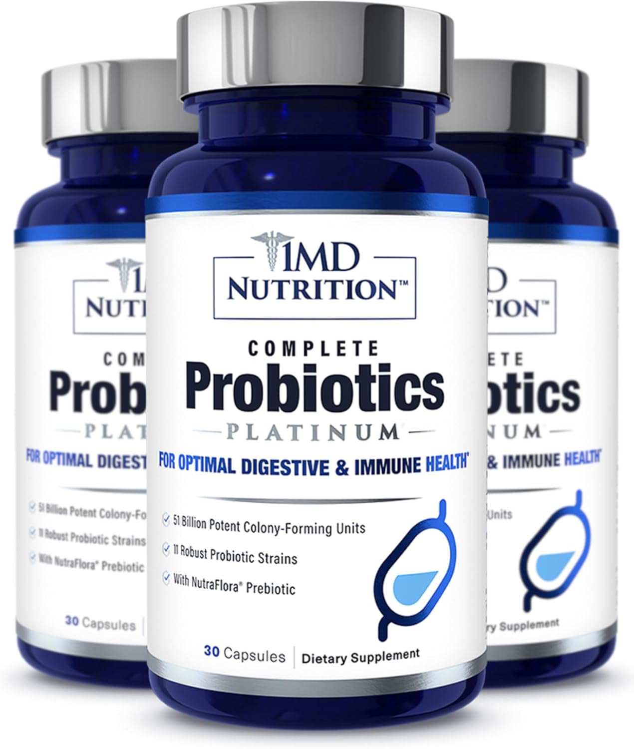 1MD Complete Probiotics Platinum | Supports Digestive Health | with Nourishing Prebiotics, 51 Billion Live CFU, 11 Strains, Dairy-Free | 30 Vegetable Capsules (3-Pack)