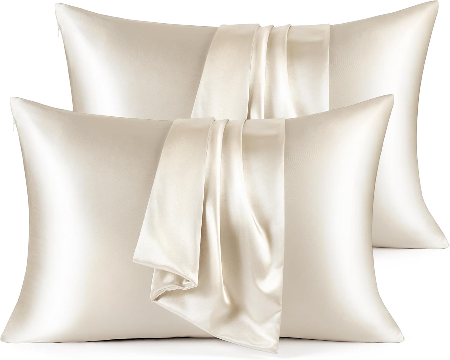 Bedsure Satin Pillowcase for Hair – Beige Satin Pillow Cases Standard Size with Zipper 4 Pack, Similar to Silk Pillow Cases for Skin, Silky & Soft Pillow Covers, Gifts for Her or Him, 20×26 Inches