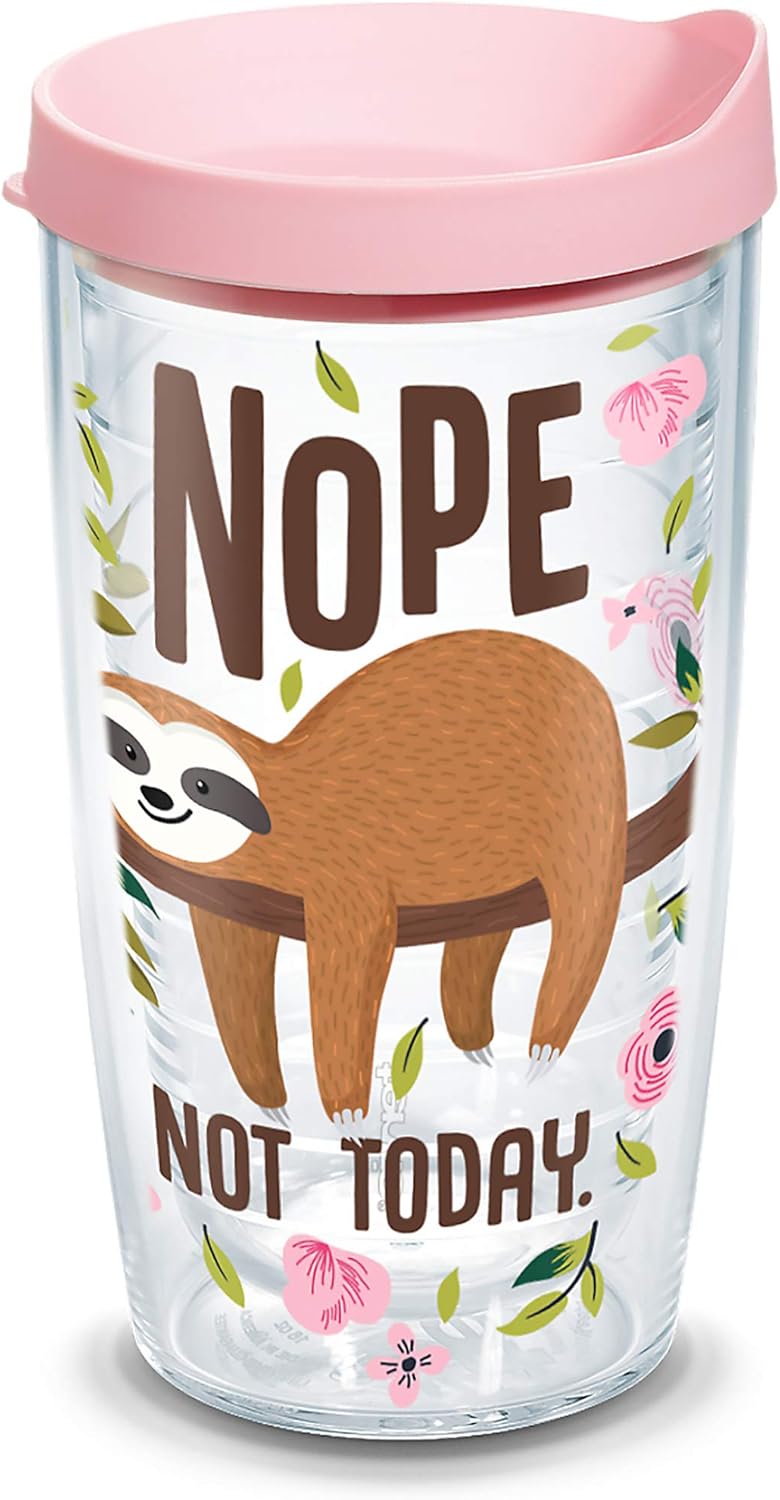 Tervis Sloth Nope Not Today Insulated Tumbler with Wrap and Pink Lid, 16 oz, Classic