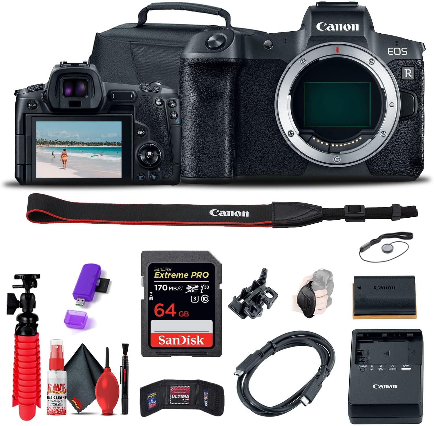 Canon EOS R Mirrorless Digital Camera Body Only (3075C002), 64GB Card, Case, Card Reader, Flex Tripod, Hand Strap, Cap Keeper, Memory Wallet, Cleaning Kit (Renewed)