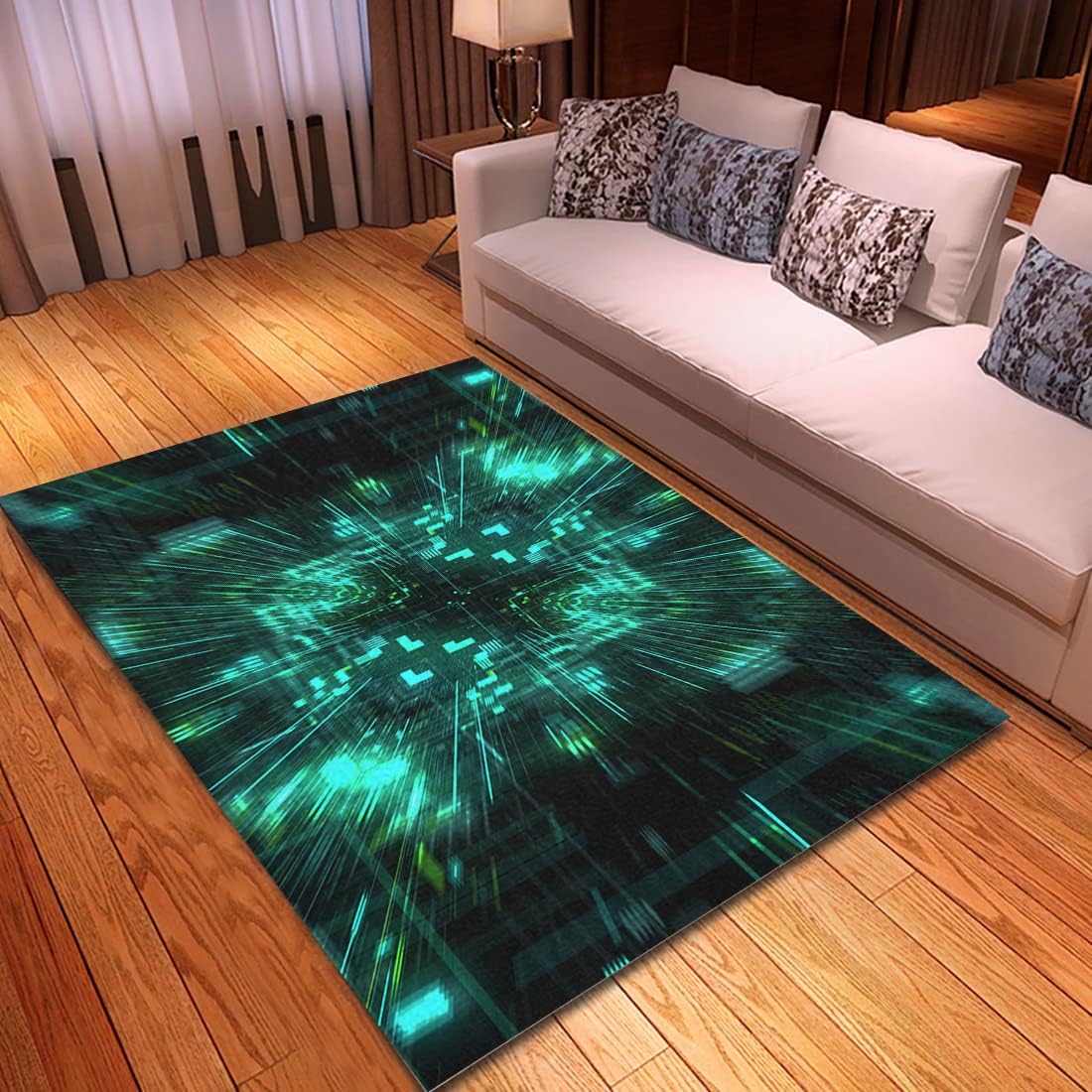 Non-Slip Area Rugs Abstract Futuristic Sci Fi Warp Tunnel Particle Grid Graphic Data Center Server Internet Home Decor Rugs Carpet for Classroom Living Room Bedroom Dining Kindergarten Room 5’X7′