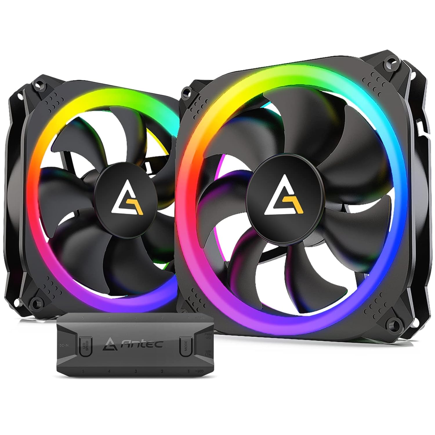 Antec 140mm RGB Fan, 140mm Fan, RGB Case Fans, PC Fans, Addressable RGB Fans, Prizm Series, 2 Pack with Controller Hub