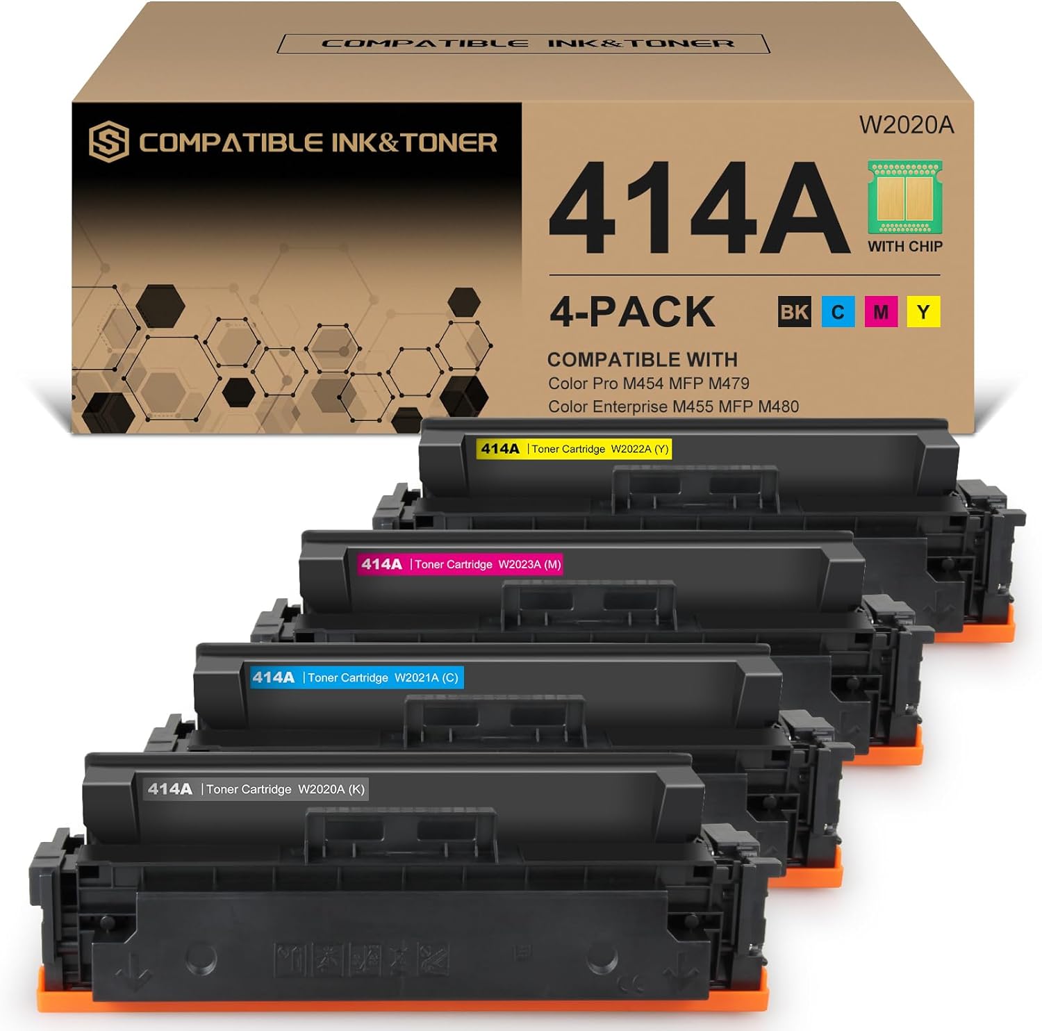 414A Toner Cartridges 4 Pack (with Chip) Works with Color Pro MFP M479fdw M479fdn M454dw M454dn M479dw M455dn M479 M454, Enterprise Laser Jet M455dn M480f Printer | W2020A W2021A W2022A W2023A 414X