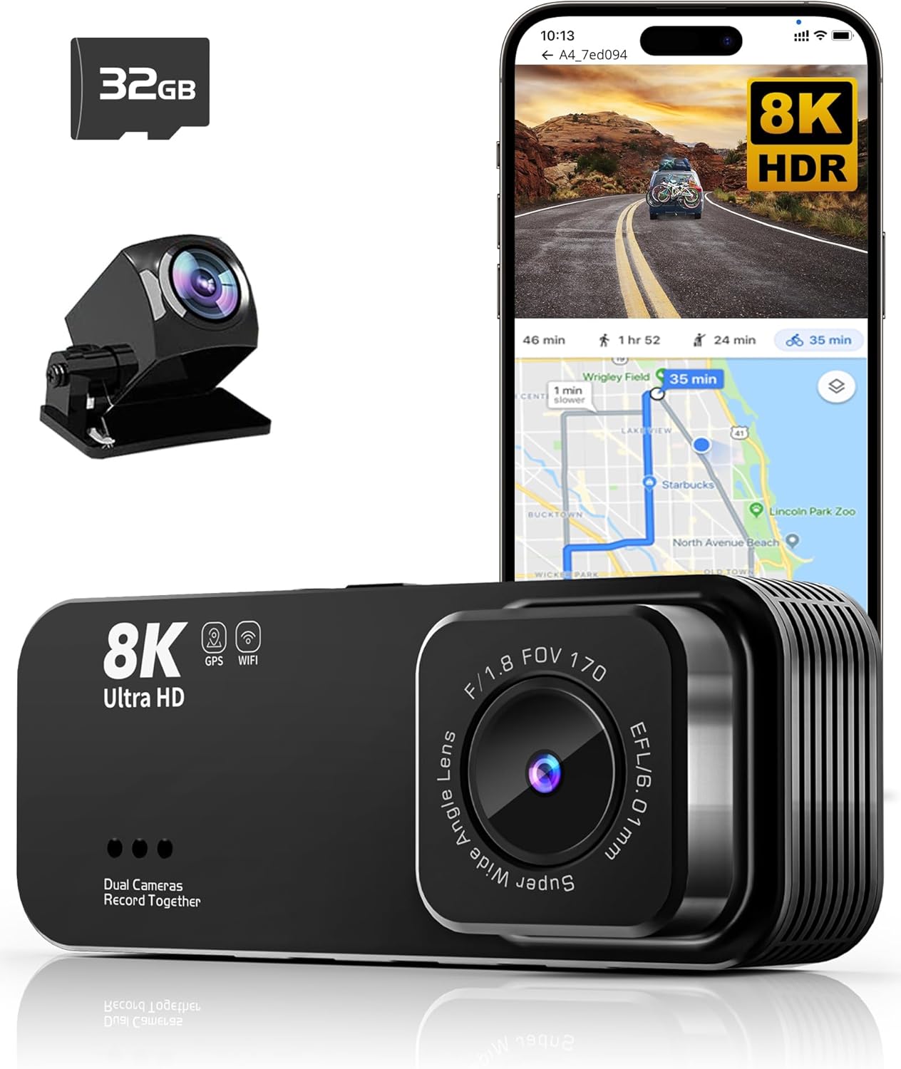 Dash Cam Front and Rear, Ultra HD 8K Dash cam, Dash Camera with Night Vision, Dash Camera for Cars, Built-in Wi-Fi & GPS, WDR, 3.16″ IPS Screen, 170°Wide Angle, Free 32GB Card, 24Hrs Parking Mode