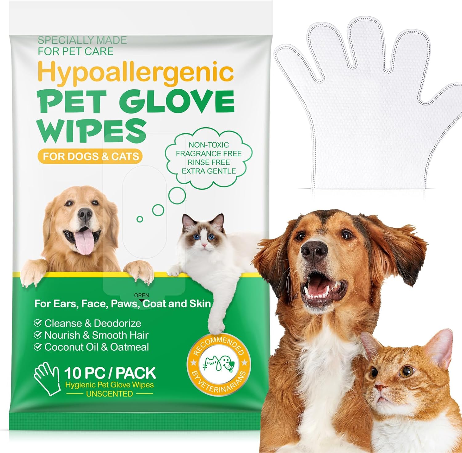 Pet Glove Wipes UNSCENTED for Dogs and Cats No-Rinse, Deodorizing, Grooming Gloves for Paws, Face, Butt, and Legs, Portable Travel-Friendly, Family Stockpile, 10 PCS Hypoallergenic Wipes