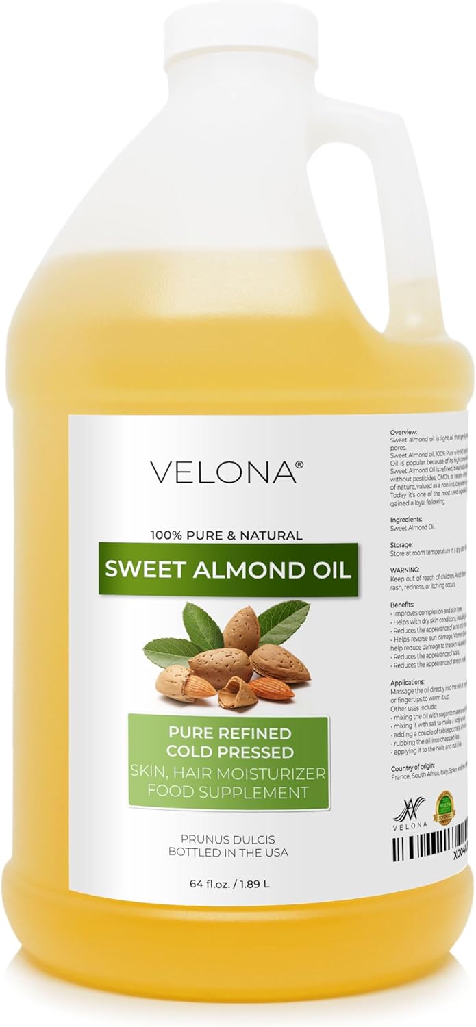 velona Sweet Almond Oil – 64 Fl Oz | 100% Pure and Natural Carrier Oil | Refined, Cold Pressed | Skin, Hair, Body & Face Moisturizing | Use Today – Enjoy Results