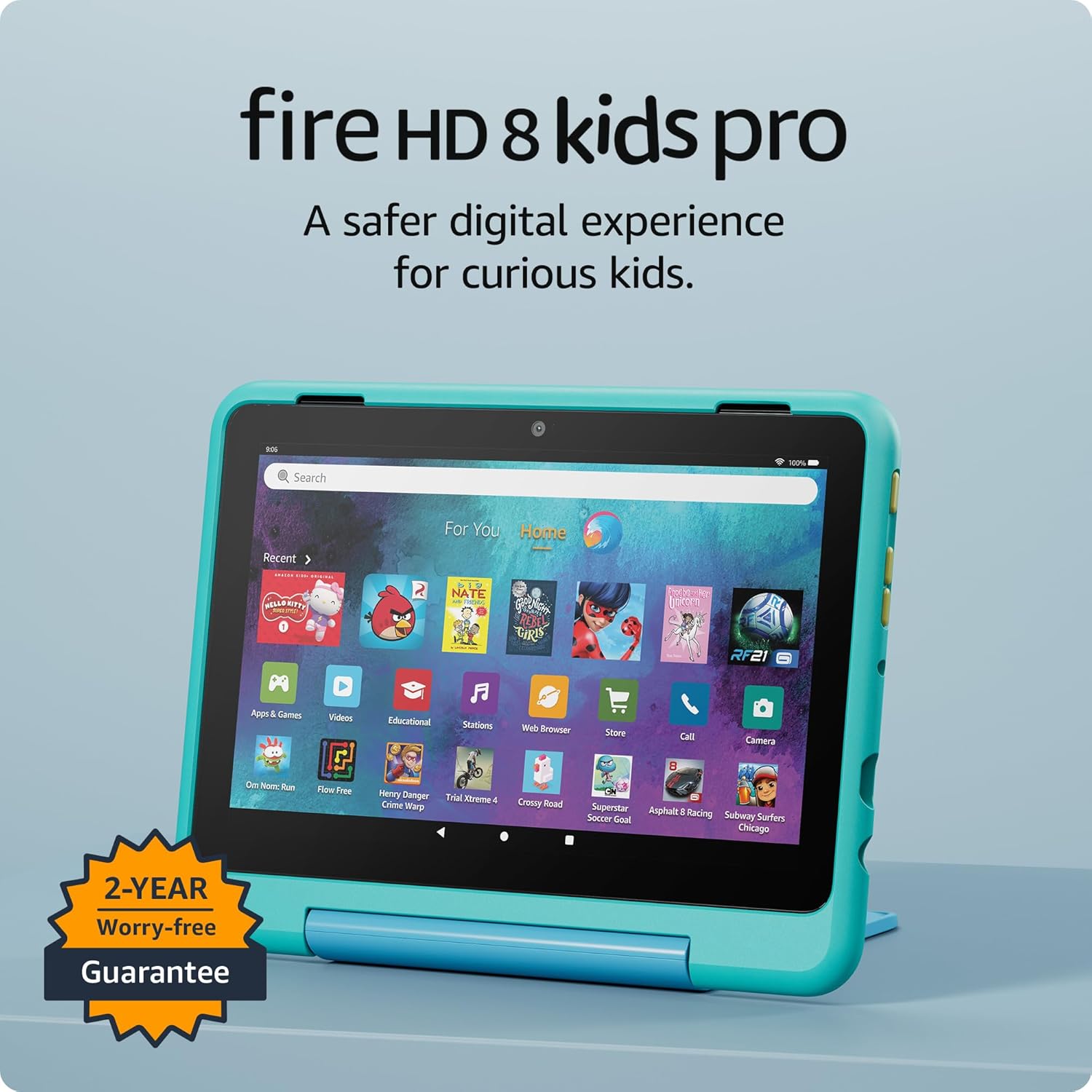 New Amazon Fire HD 8 Kids Pro tablet, ages 6-12. Bright 8″ HD screen, includes ad-free content, parental controls, 13-hr battery, slim case for older kids, 64GB, Hello Teal, (2024 release)