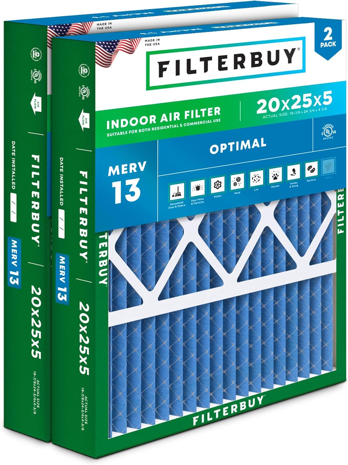 Filterbuy 20x25x5 Air Filter MERV 13 Optimal Defense (2-Pack), Pleated HVAC AC Furnace Air Filters for Honeywell FC100A1037, Lennox X6673, Carrier, & More (Actual Size: 19.88 x 24.75 x 4.38 Inches)