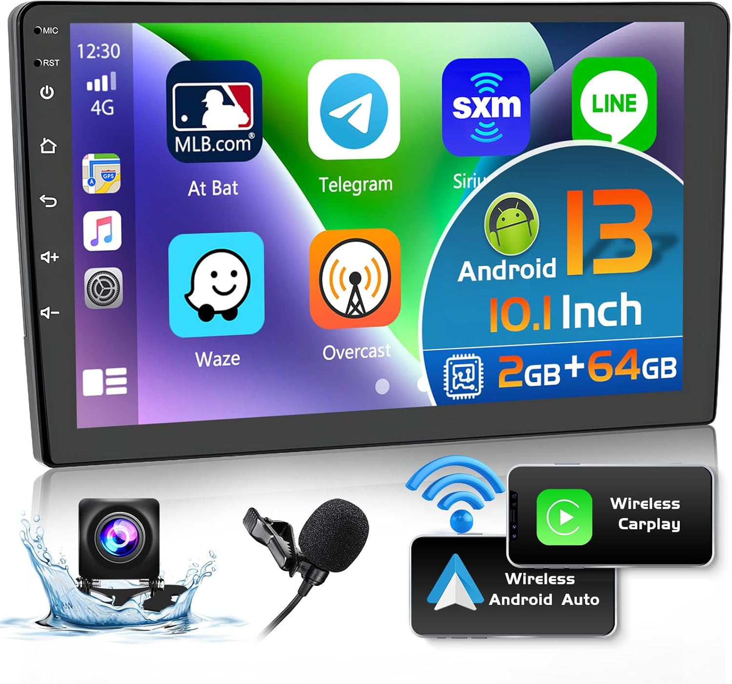 Hikity 2+64GB Double Din Android 13 Car Stereo Wireless Apple Carplay Android Auto, 10.1 inch Touchscreen Car Radio GPS Navigation WiFi Backup Camera Bluetooth HiFi FM SWC Mic