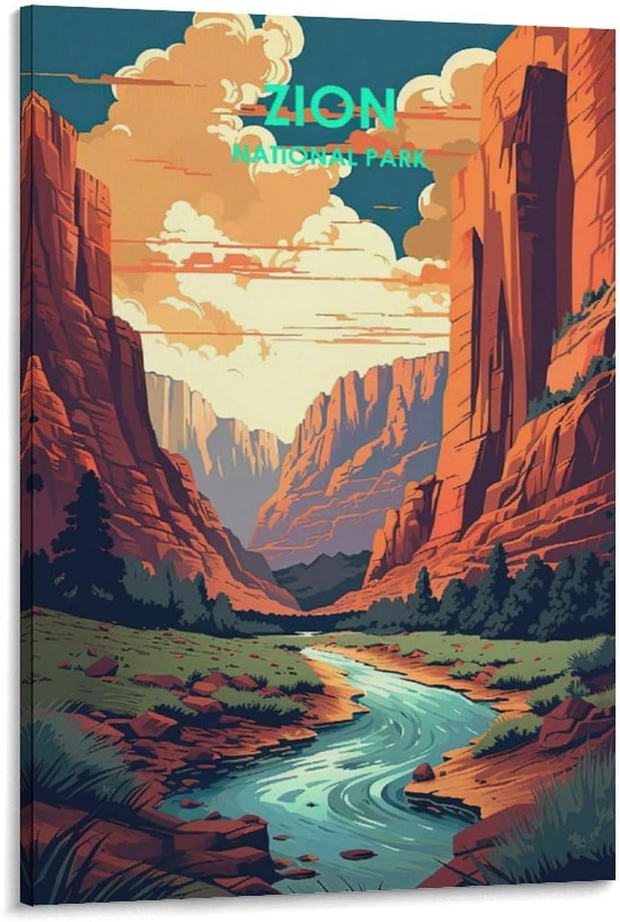 Utah Vintage Zion National Park Travel Landscape Posters Canyon Stream Wall Art Canvas Modern Posters Prints Painting Pictures, Wall Decor for Wall Office Home Living Room Bedroom Decor Gifts