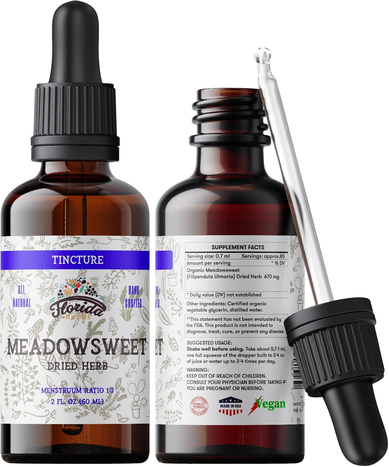 Meadowsweet Tincture Extract, Organic Meadowsweet (Filipendula Ulmaria) Dried Herb Herbal Supplement in Cold-Pressed Vegetable Glycerin