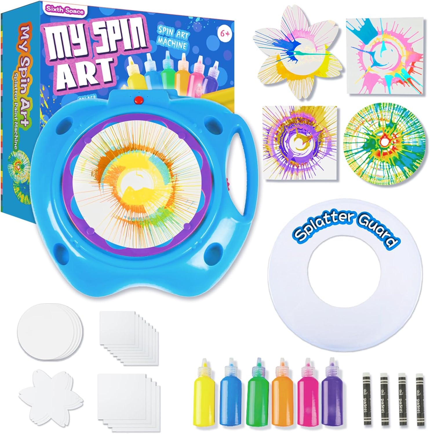 Sixth Space Spin Art Machine for Kids Ages 6-8, Adjustable Speed Arts&Crafts Paint Spinner Toys with Thicker Splatter Guard, Battery Operated Splatter Paint, Crafts Kits, Gift for Boys Girls Adults