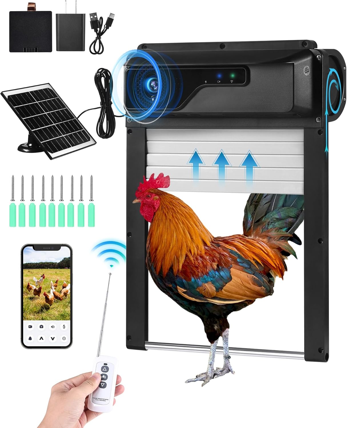 Automatic Chicken Coop Door with HD Camera, Solar Powered, 5000mAh Battery, WiFi Enabled, APP-Based Monitoring, Remote Control and Timer, with Anti-Trap Sensor and Alarm Drive