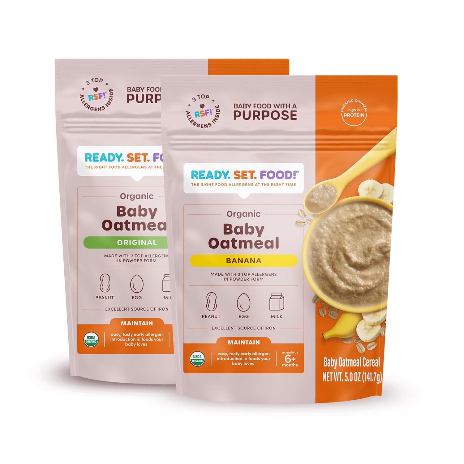 Ready Set Food Organic Baby Oatmeal Cereal – Safe & Easy Early Allergen Exposure for Babies 6+ Months, Organic Baby Food with 3 Top Allergens: Organic Peanuts, Egg, and Milk (Variety, 2-Pack)