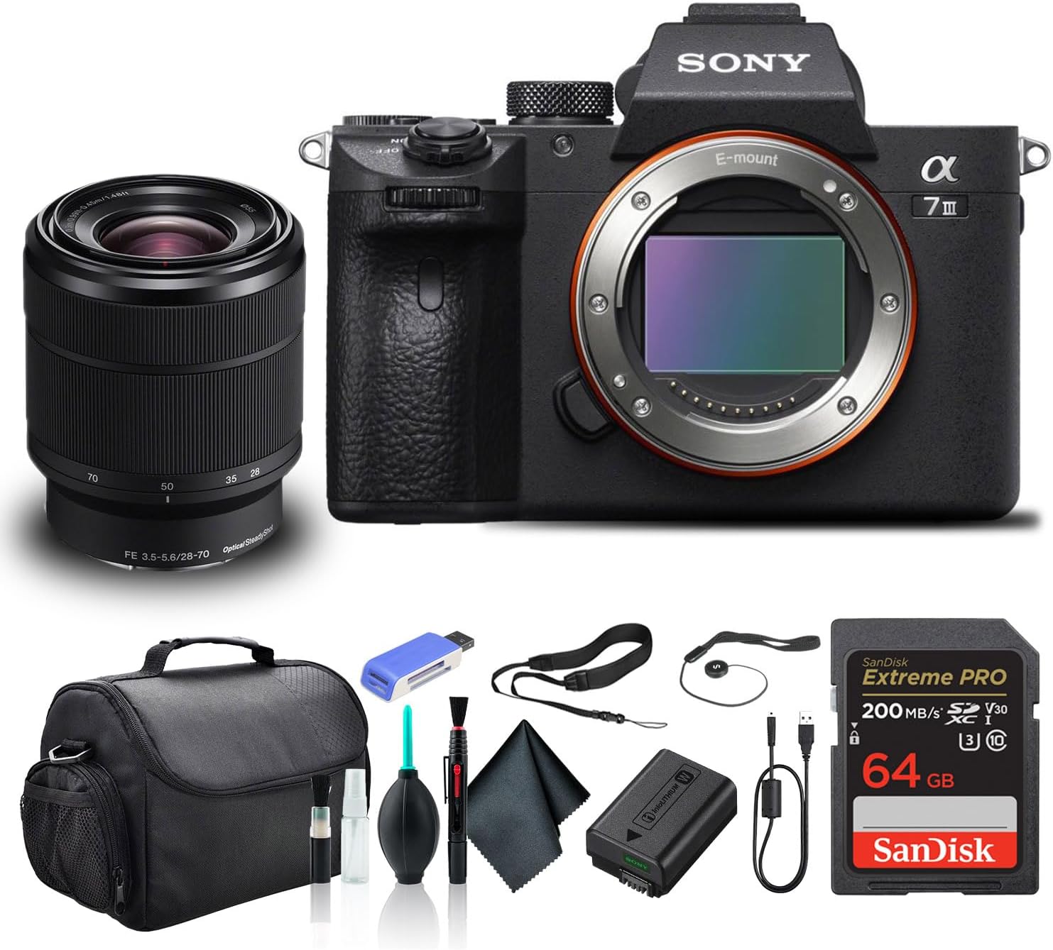 Sony Alpha a7 III Mirrorless Camera with 28-70mm Lens ILCE7M3K/B with Bag, 64GB Card, Card Reader, Plus Accessories