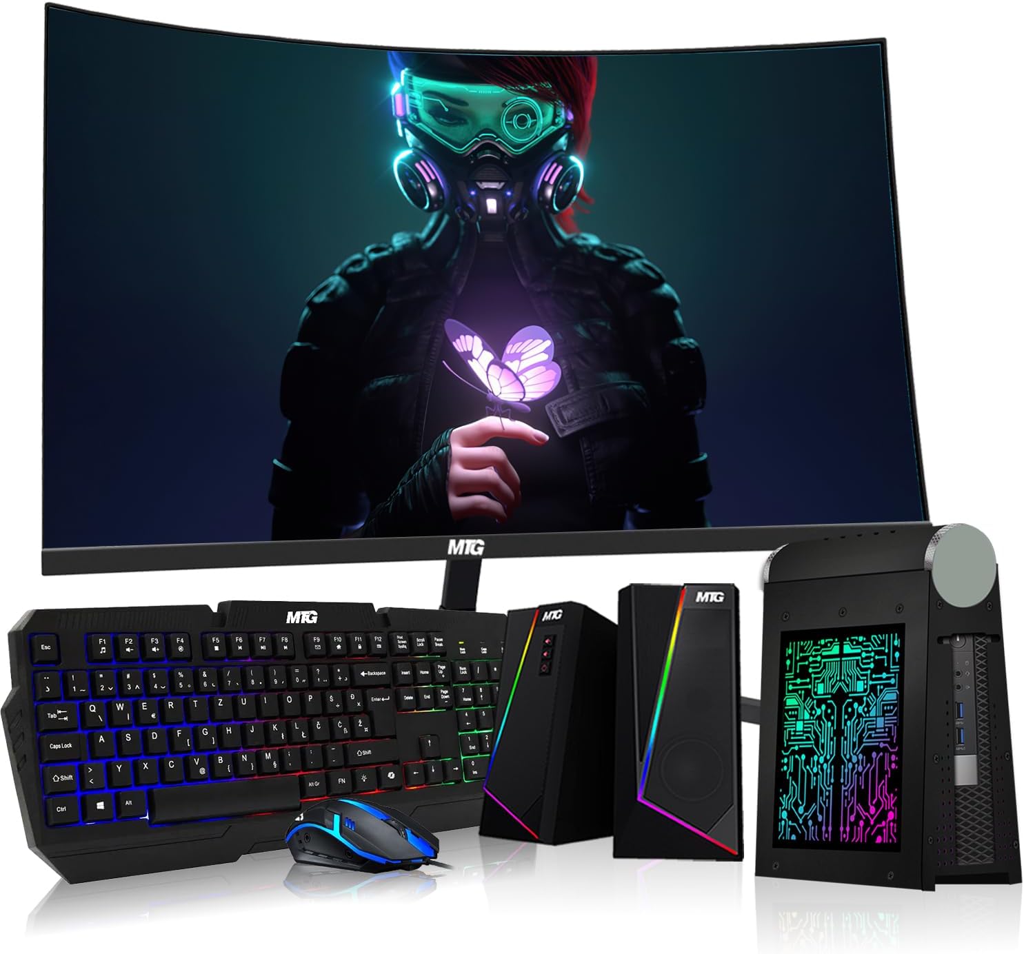 CyberCube Mini PC Bundle, Intel i7 6th Gen, 32GB RAM, 1TB SSD, 32 Inch Curved Monitor, RGB Kit, Webcam, Win 10 Pro (Renewed)