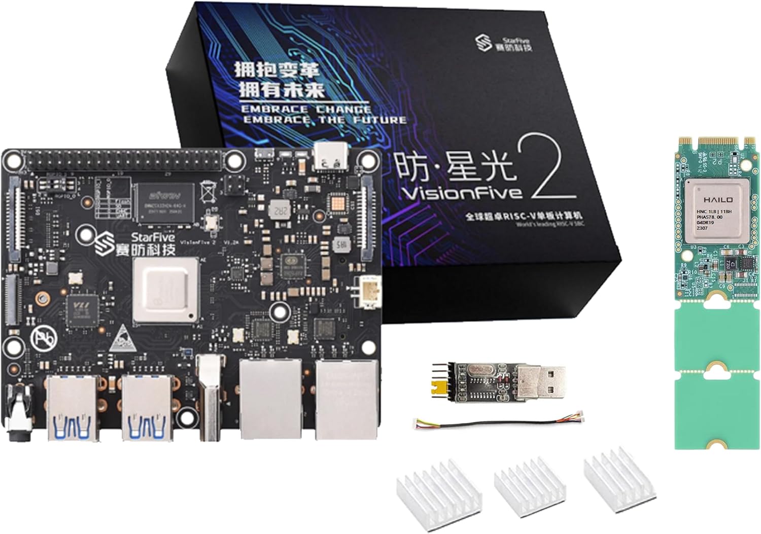 Visionfive2 Hailo RISC-V Linux AI Single Board Computer Kit, Hailo-8L M.2 AI Acceleration Modules Kit, StarFive JH7110 CPU LPDDR4 8GB RAM, Dual Gigabit Network, 4K HDMI Display (Bundle1)